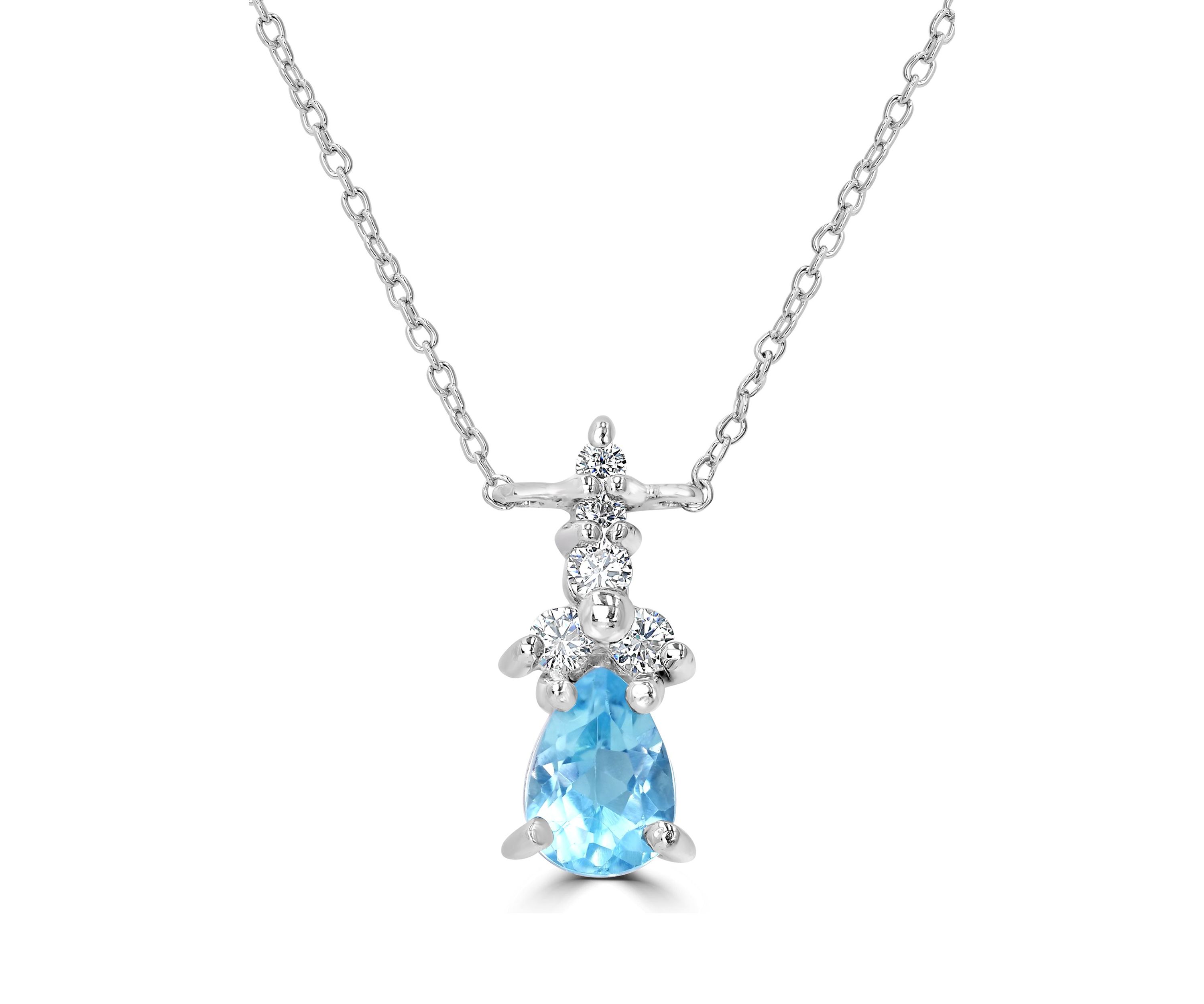 Sterling Silver Pear Cut Blue Topaz and Cubic Zirconia Necklace