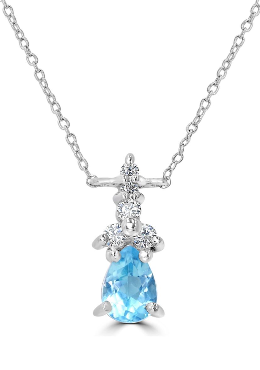 Sterling Silver Pear Cut Blue Topaz and Cubic Zirconia Necklace