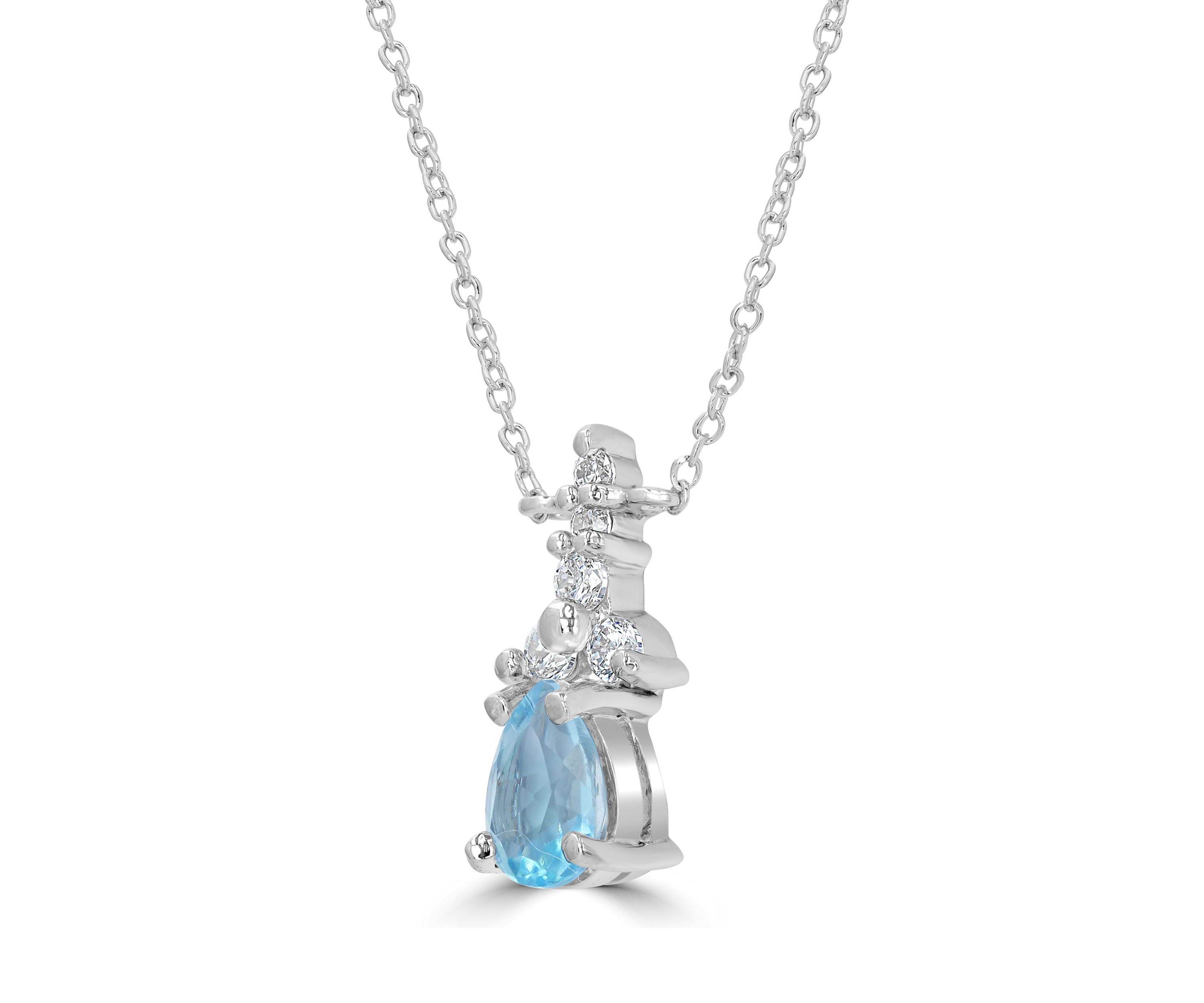 Sterling Silver Pear Cut Blue Topaz and Cubic Zirconia Necklace