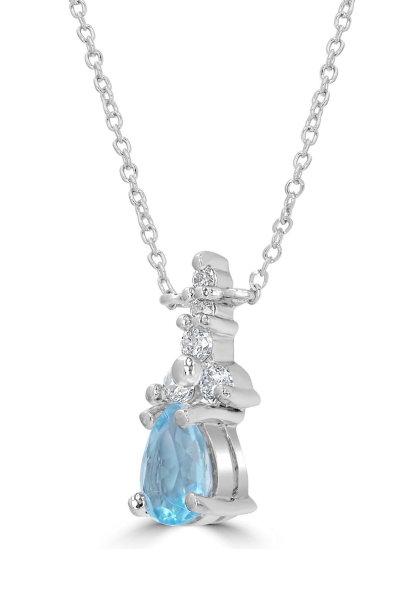 Sterling Silver Pear Cut Blue Topaz and Cubic Zirconia Necklace