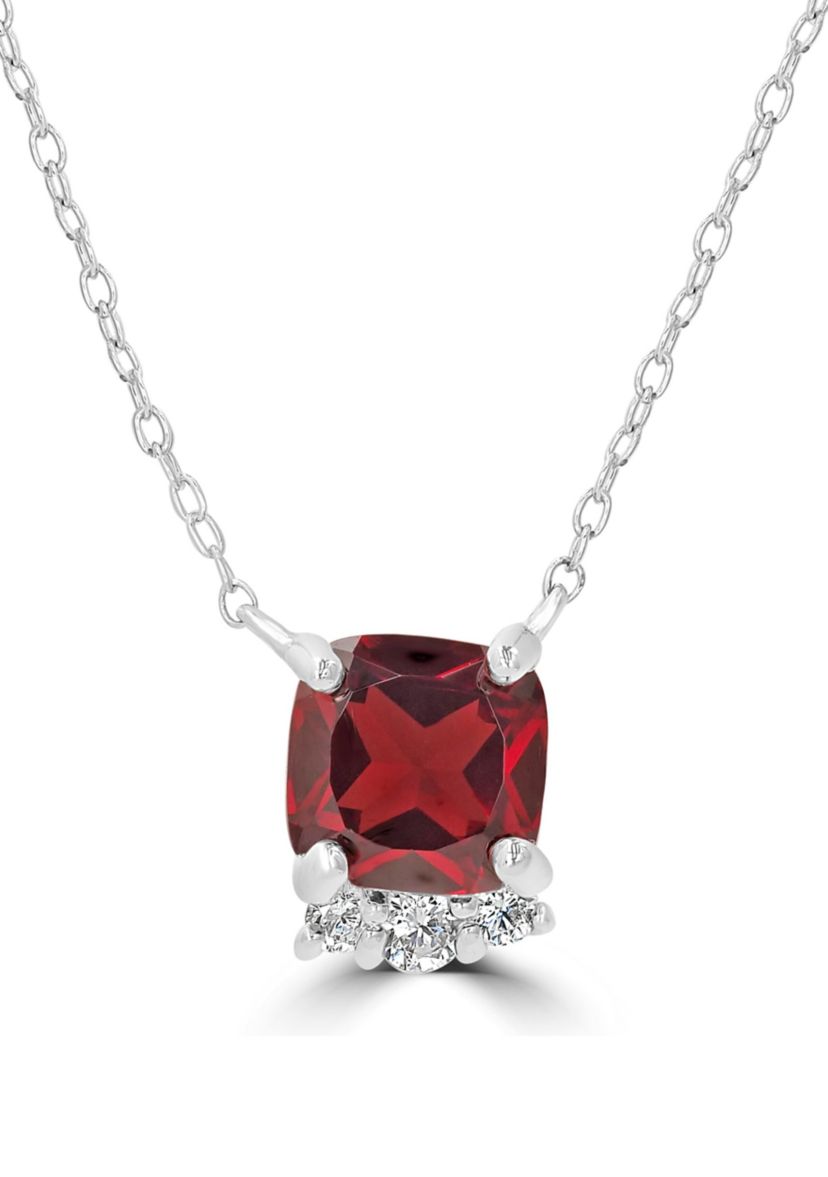 Sterling Silver Faceted Cushion Cut Garnet and Cubic Zirconia Necklace