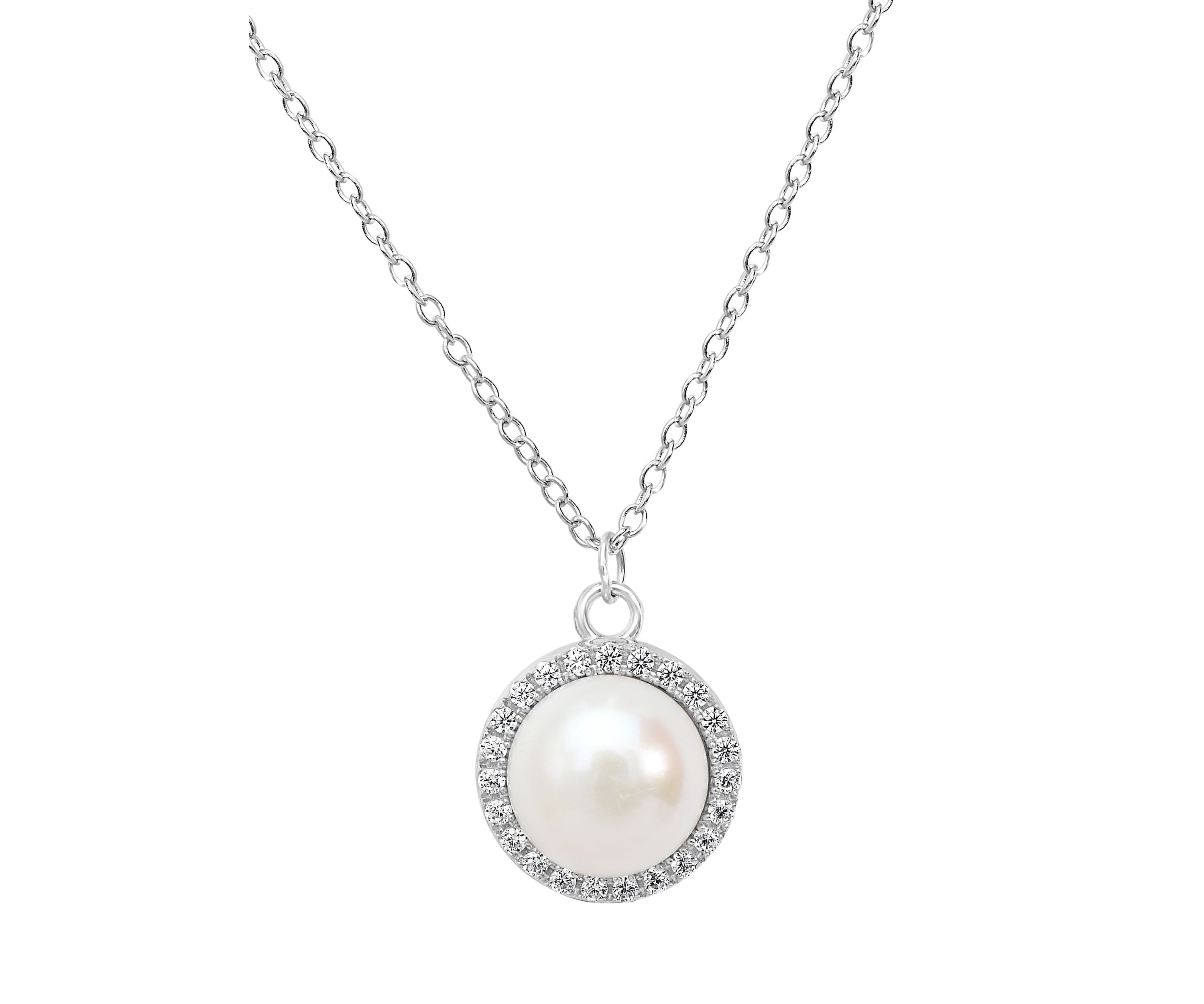 Sterling Silver Pearl Cubic Zirconia Halo Necklace