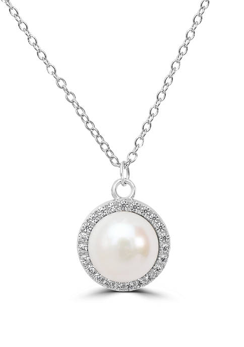Sterling Silver Freshwater Pearl Fancy Cubic Zirconia Halo Necklace