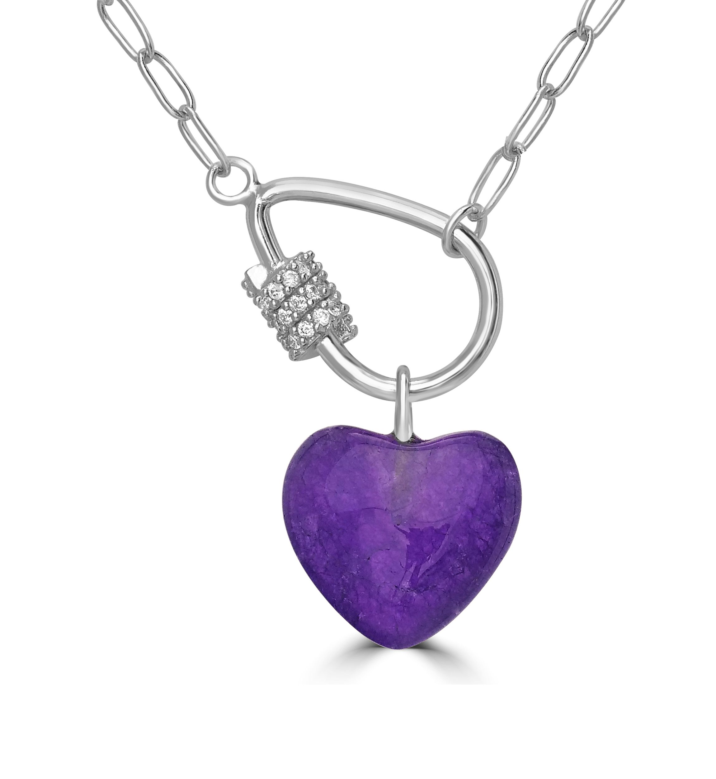 Fine Silver Plated Amethyst Heart & CZ Carabiner Necklace