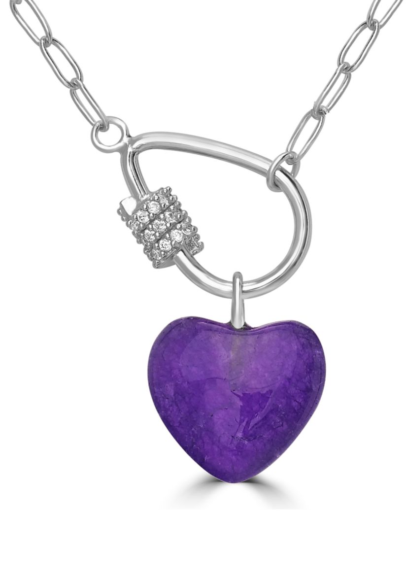 Fine Silver Plated Amethyst Heart & CZ Carabiner Necklace