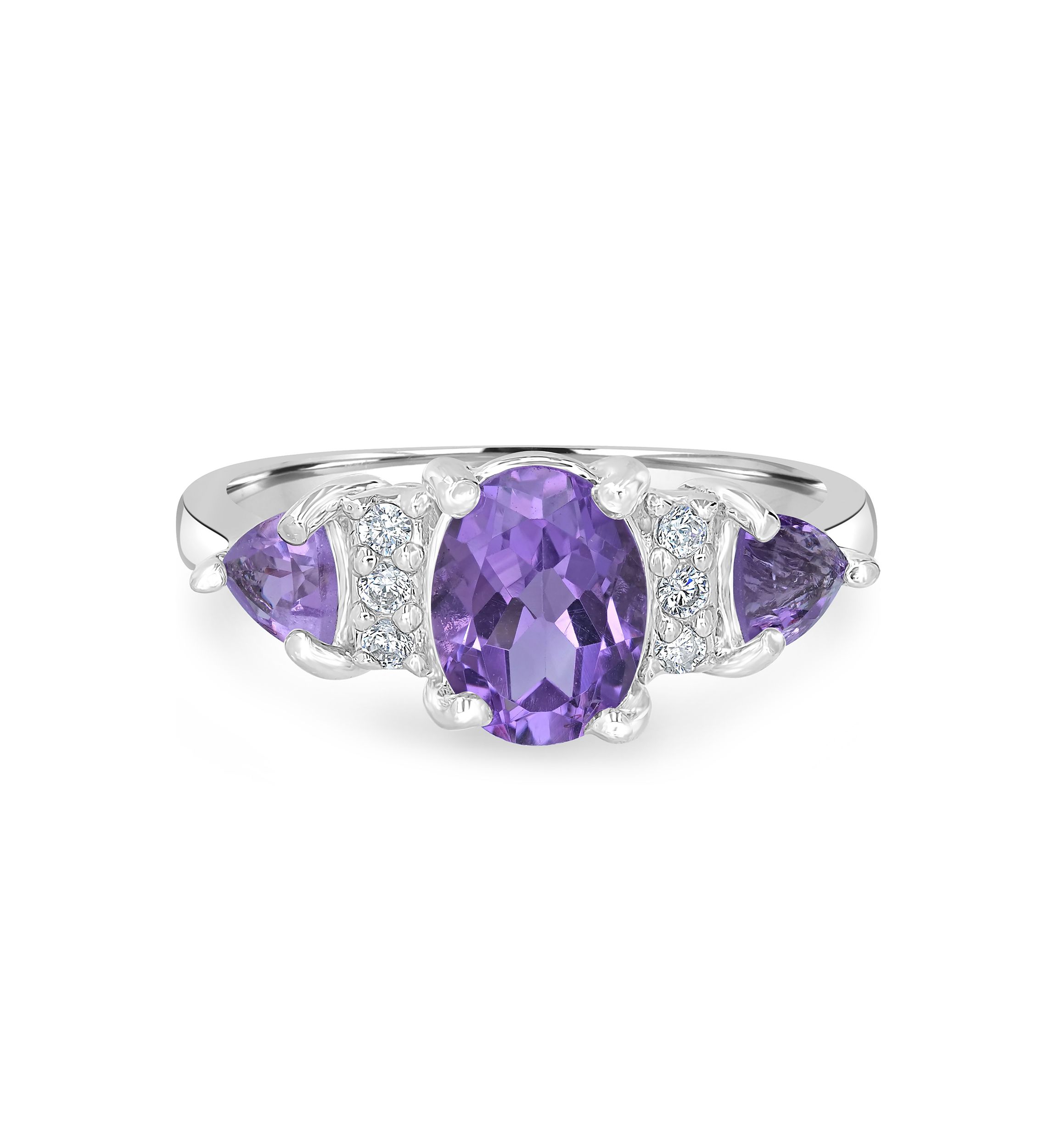 Sterling Silver Amethyst and Cubic Zirconia 3 Oval Ring