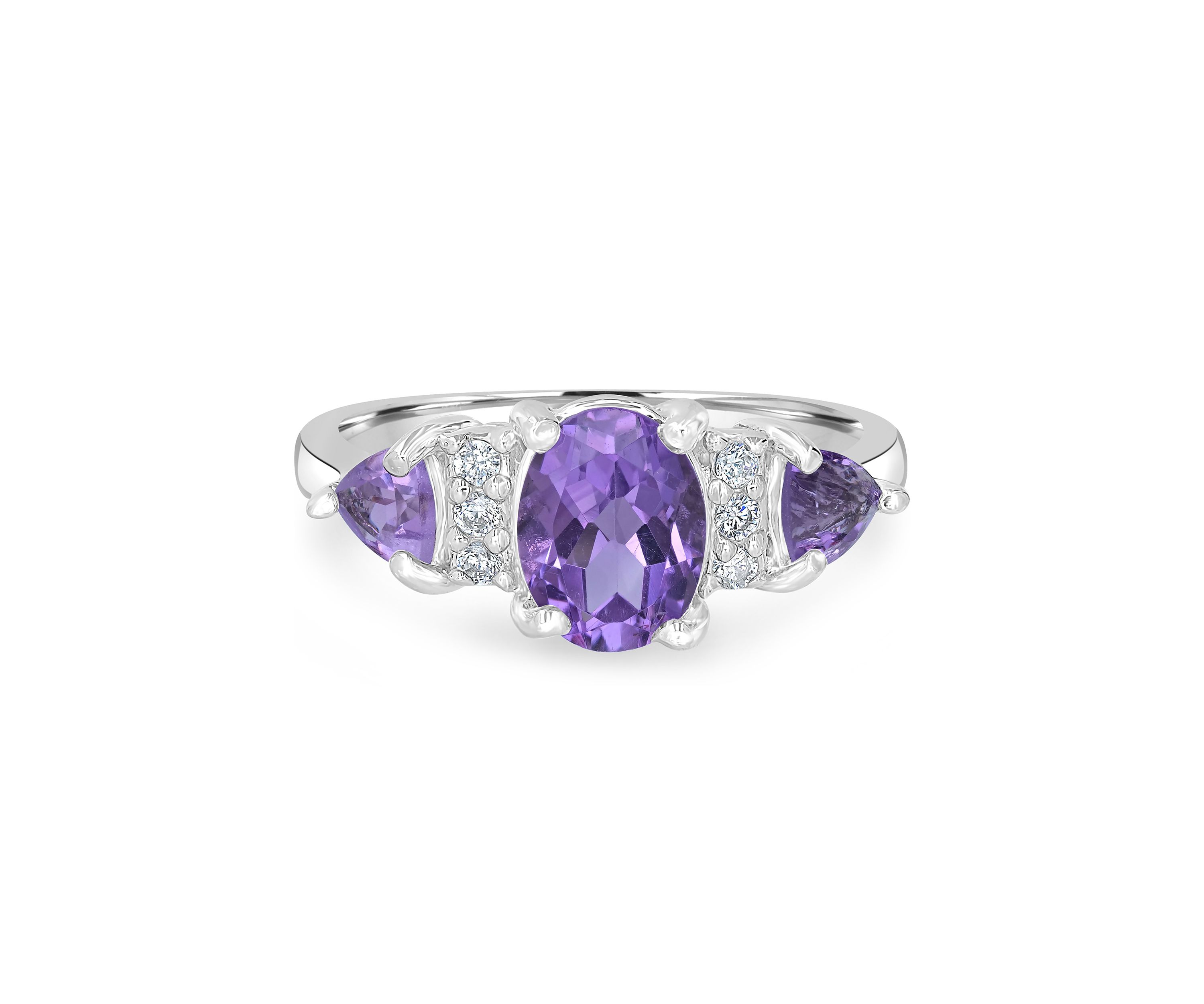 Sterling Silver Amethyst and Cubic Zirconia 3 Oval Ring