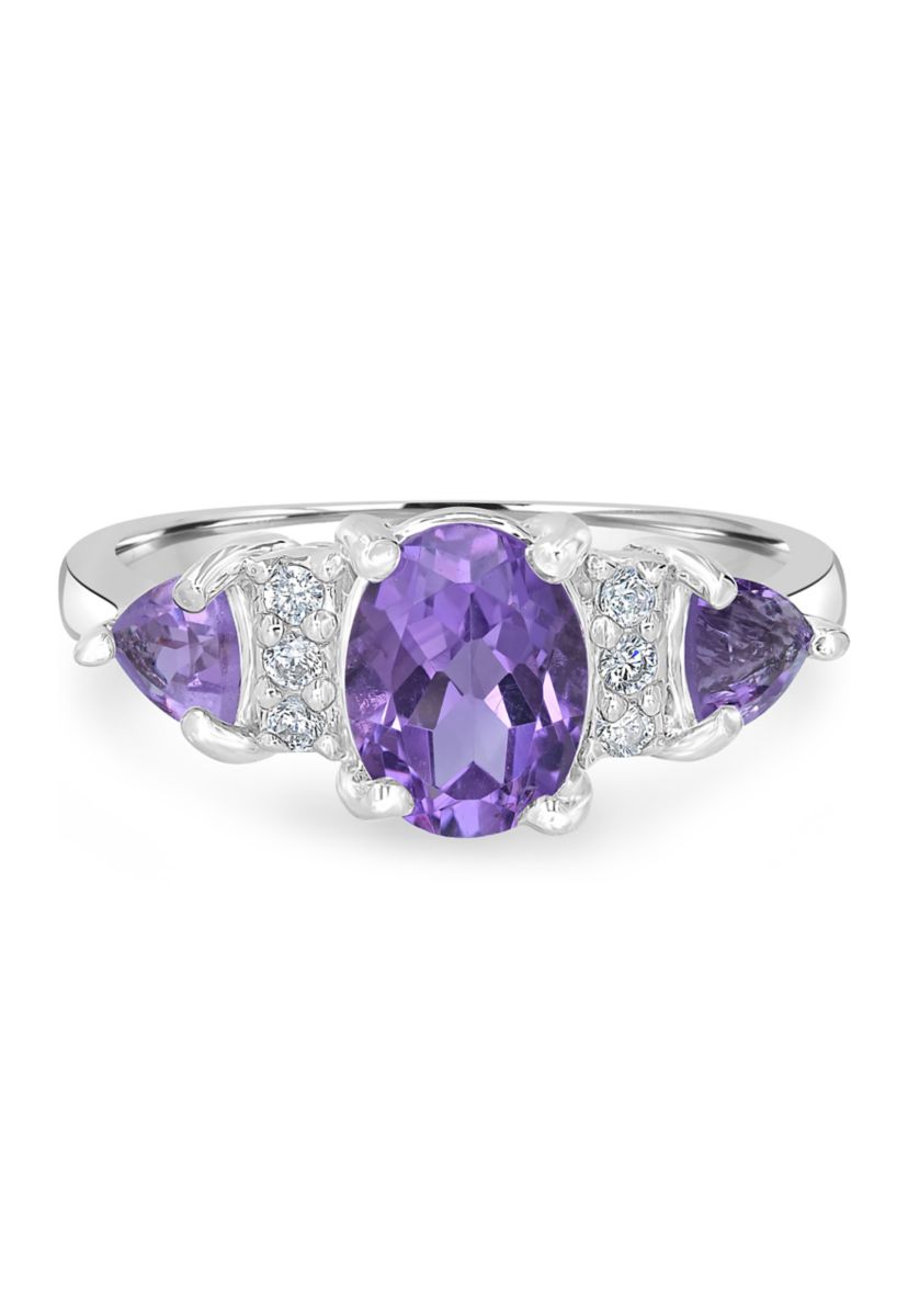Sterling Silver Amethyst and Cubic Zirconia 3 Oval Ring