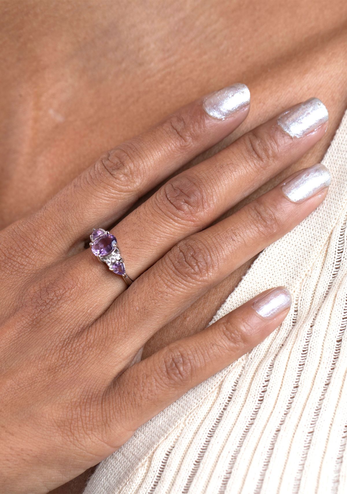 Sterling Silver Amethyst and Cubic Zirconia 3 Oval Ring