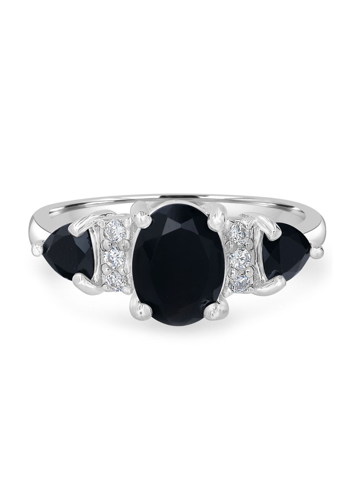 Sterling Silver Black Onyx and Cubic Zirconia 3 Oval Ring