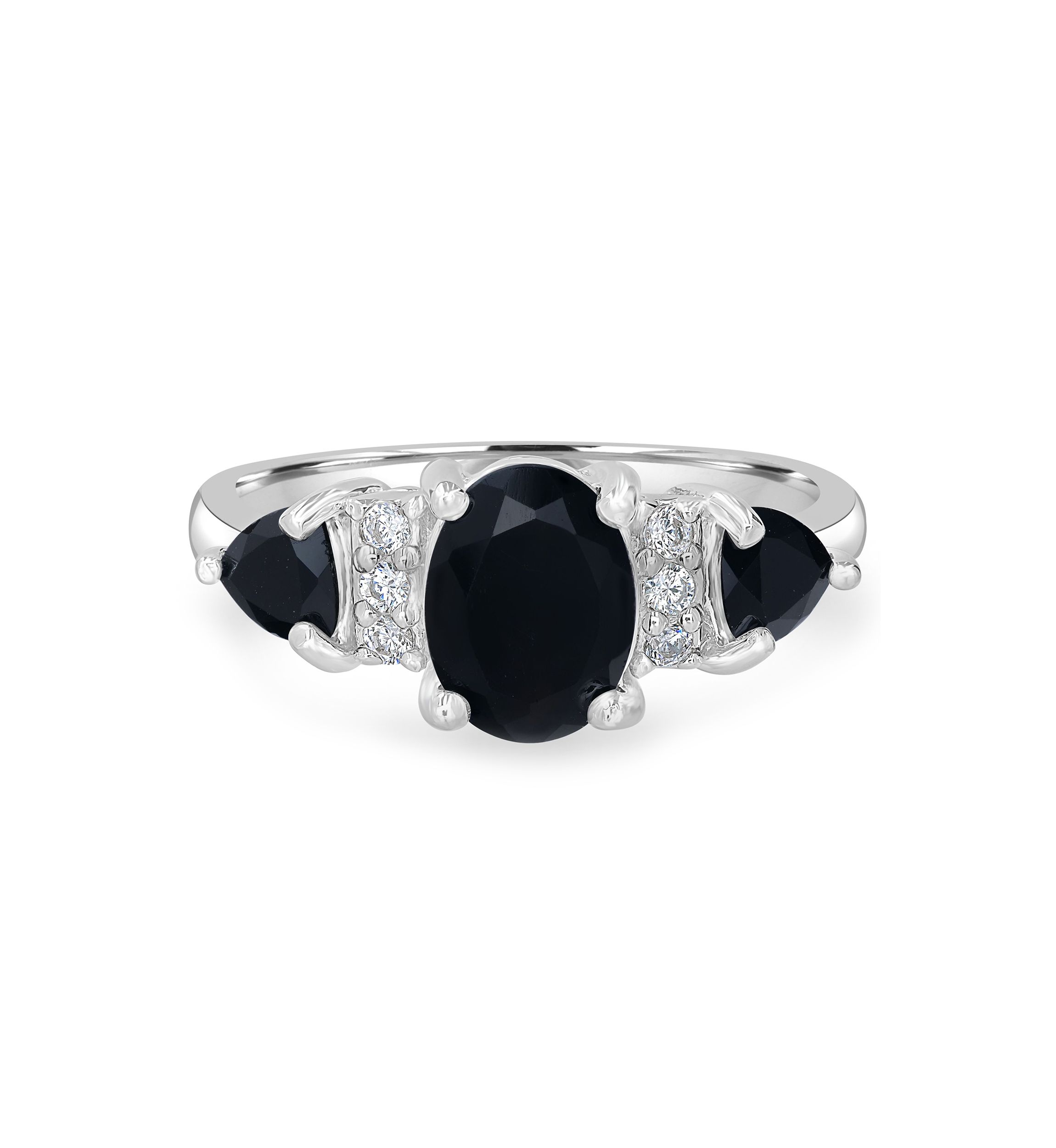 Sterling Silver Black Onyx and Cubic Zirconia 3 Oval Ring