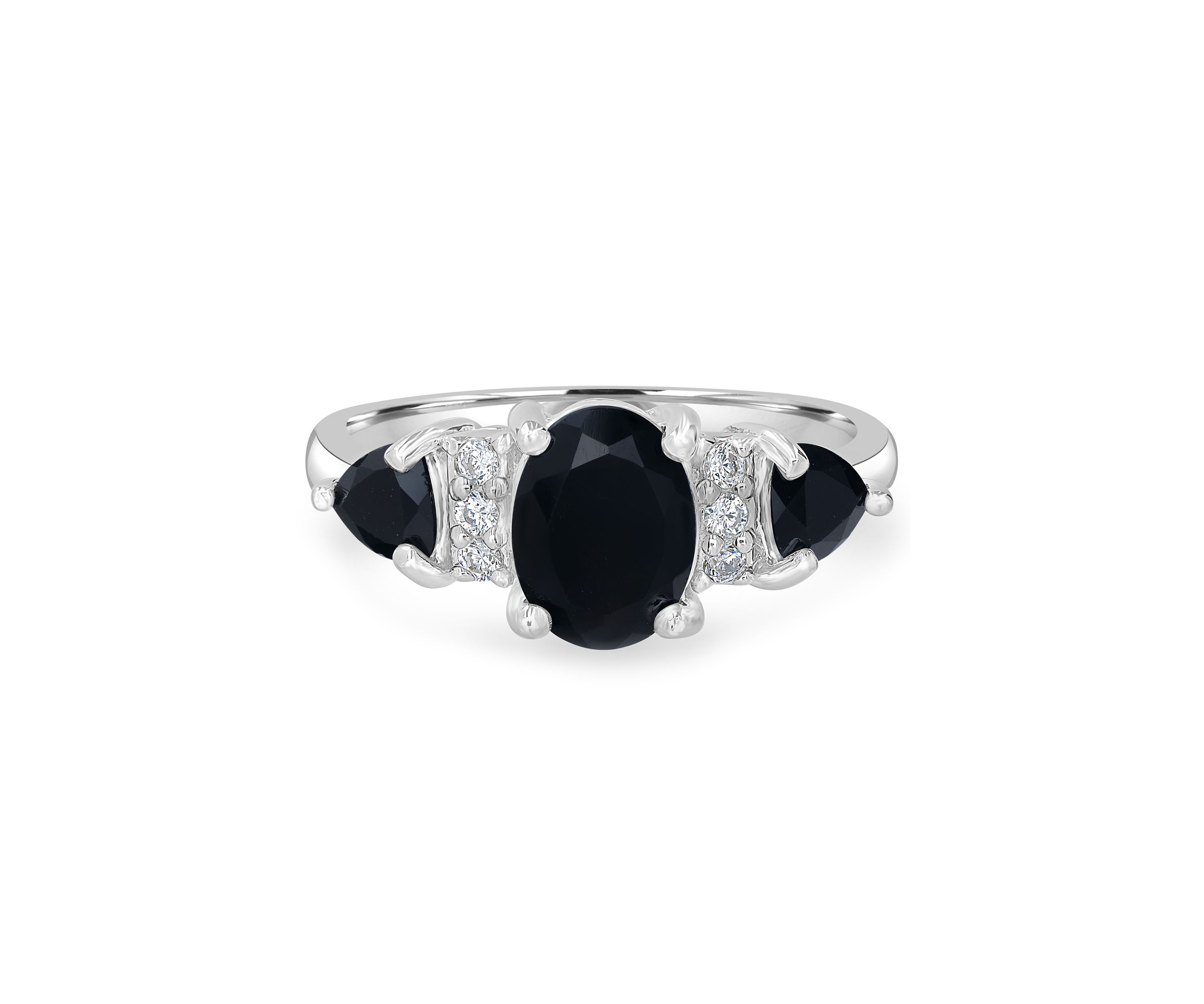 Sterling Silver Black Onyx and Cubic Zirconia 3 Oval Ring