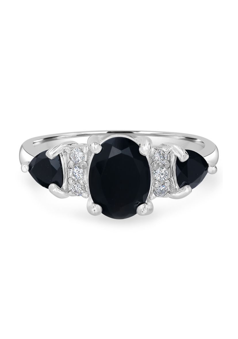 Sterling Silver Black Onyx and Cubic Zirconia 3 Oval Ring