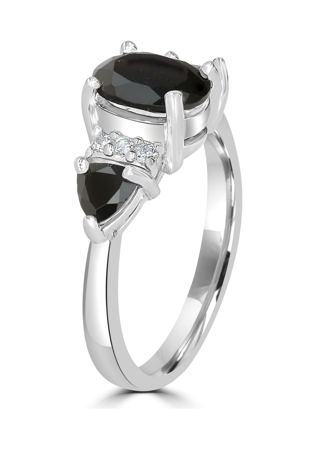 Sterling Silver Black Onyx and Cubic Zirconia 3 Oval Ring