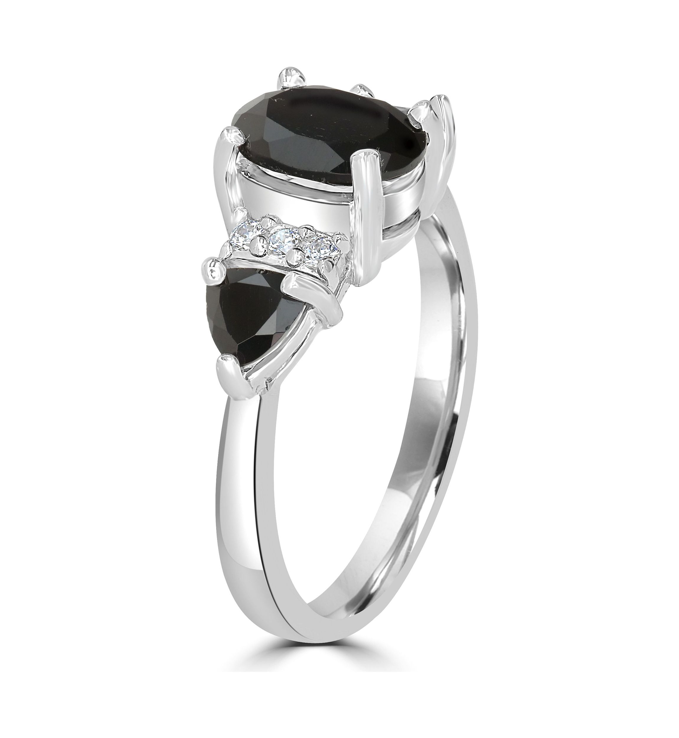 Sterling Silver Black Onyx and Cubic Zirconia 3 Oval Ring