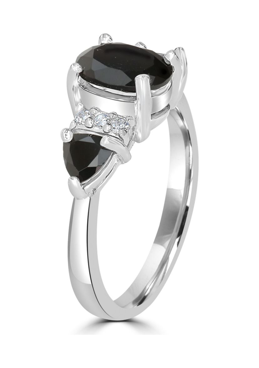 Sterling Silver Black Onyx and Cubic Zirconia 3 Oval Ring