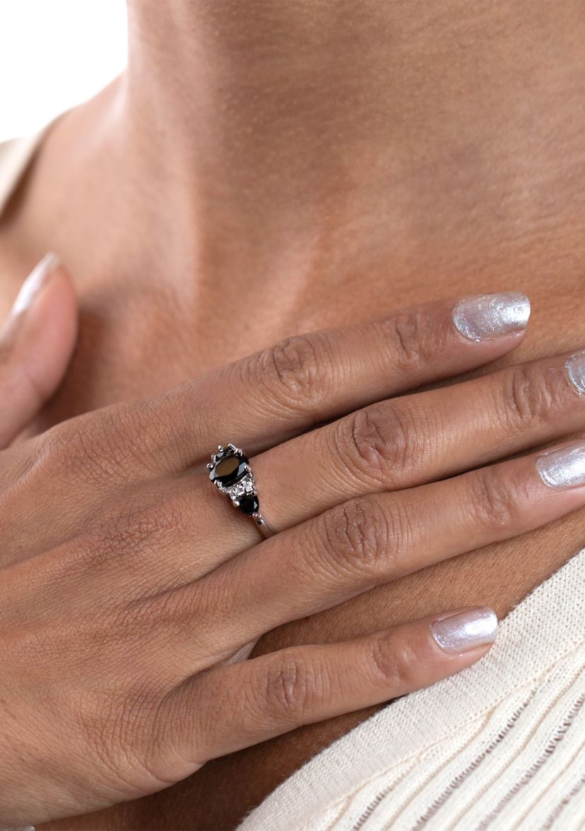 Sterling Silver Black Onyx and Cubic Zirconia 3 Oval Ring