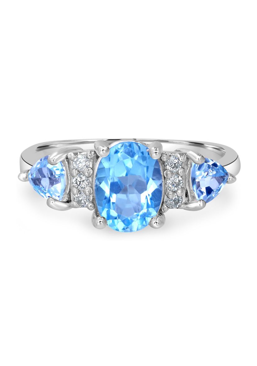 Sterling Silver Blue Topaz and Cubic Zirconia 3 Oval Ring