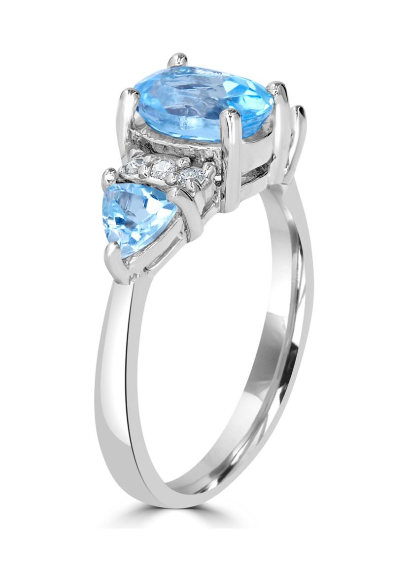 Sterling Silver Blue Topaz and Cubic Zirconia 3 Oval Ring
