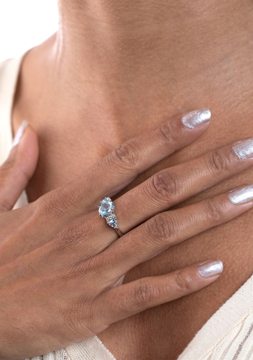 Sterling Silver Blue Topaz and Cubic Zirconia 3 Oval Ring