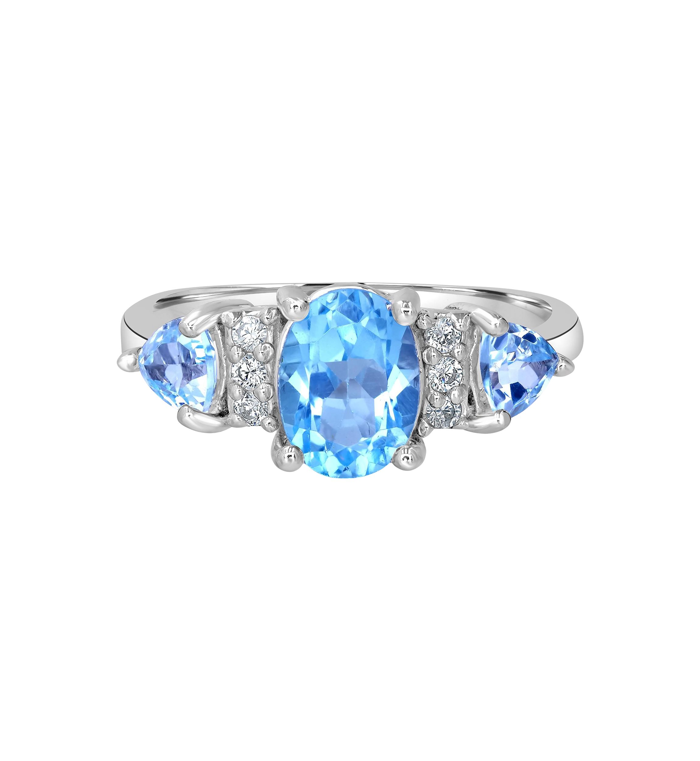 Sterling Silver Blue Topaz and White Topaz 3 Stone Ring