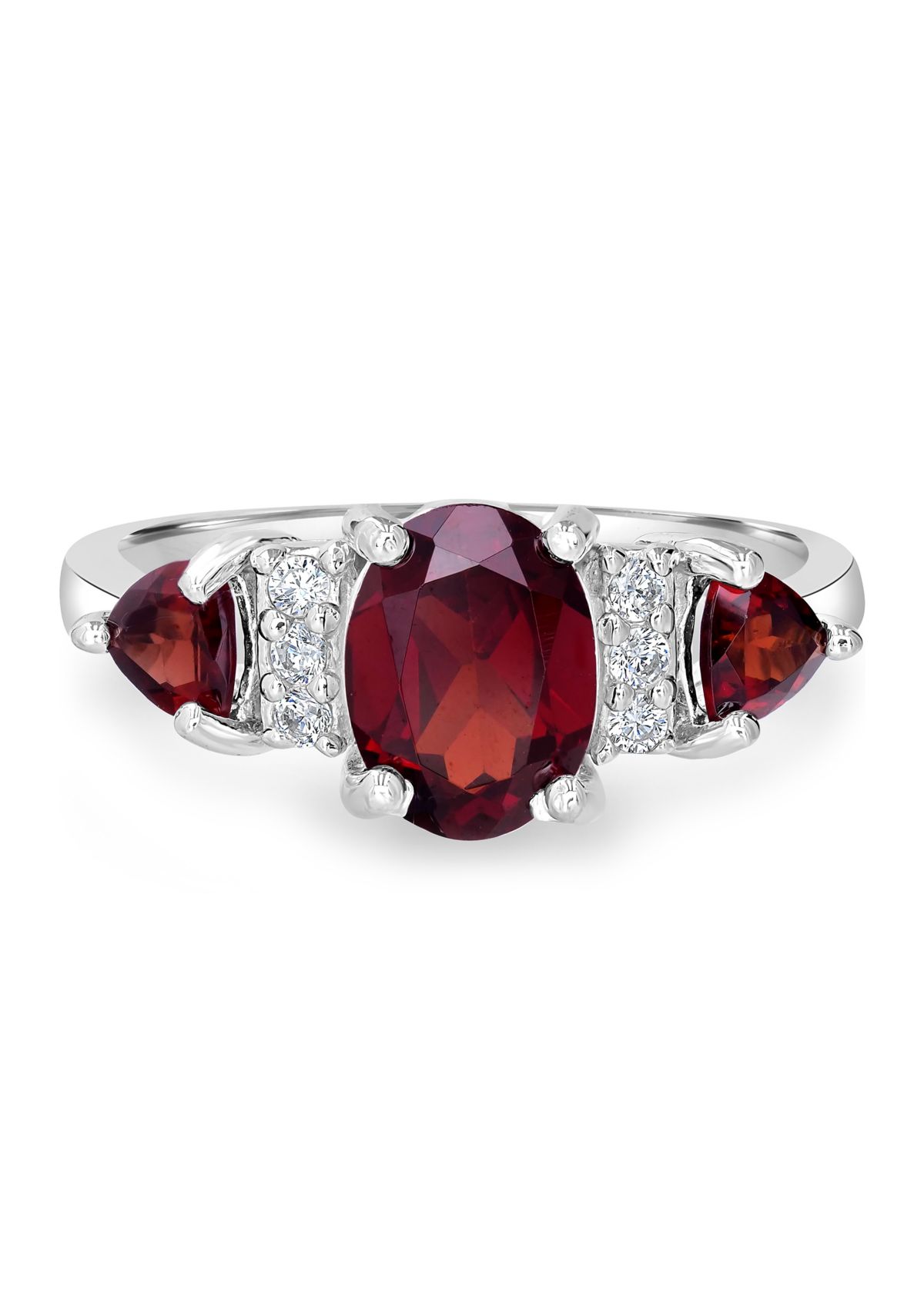Sterling Silver Garnet and Cubic Zirconia 3 Oval Ring