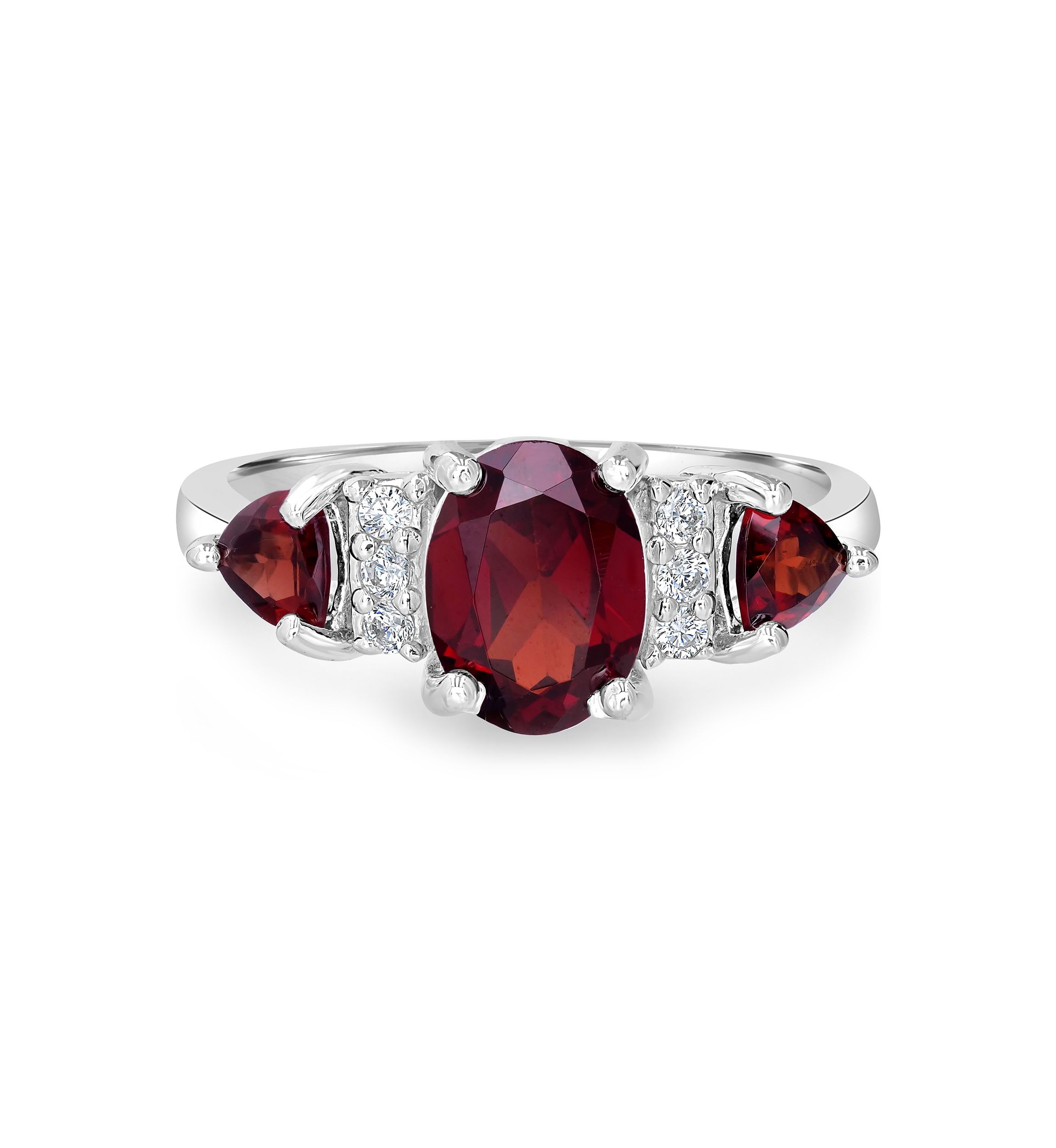 Sterling Silver Garnet and Cubic Zirconia 3 Oval Ring