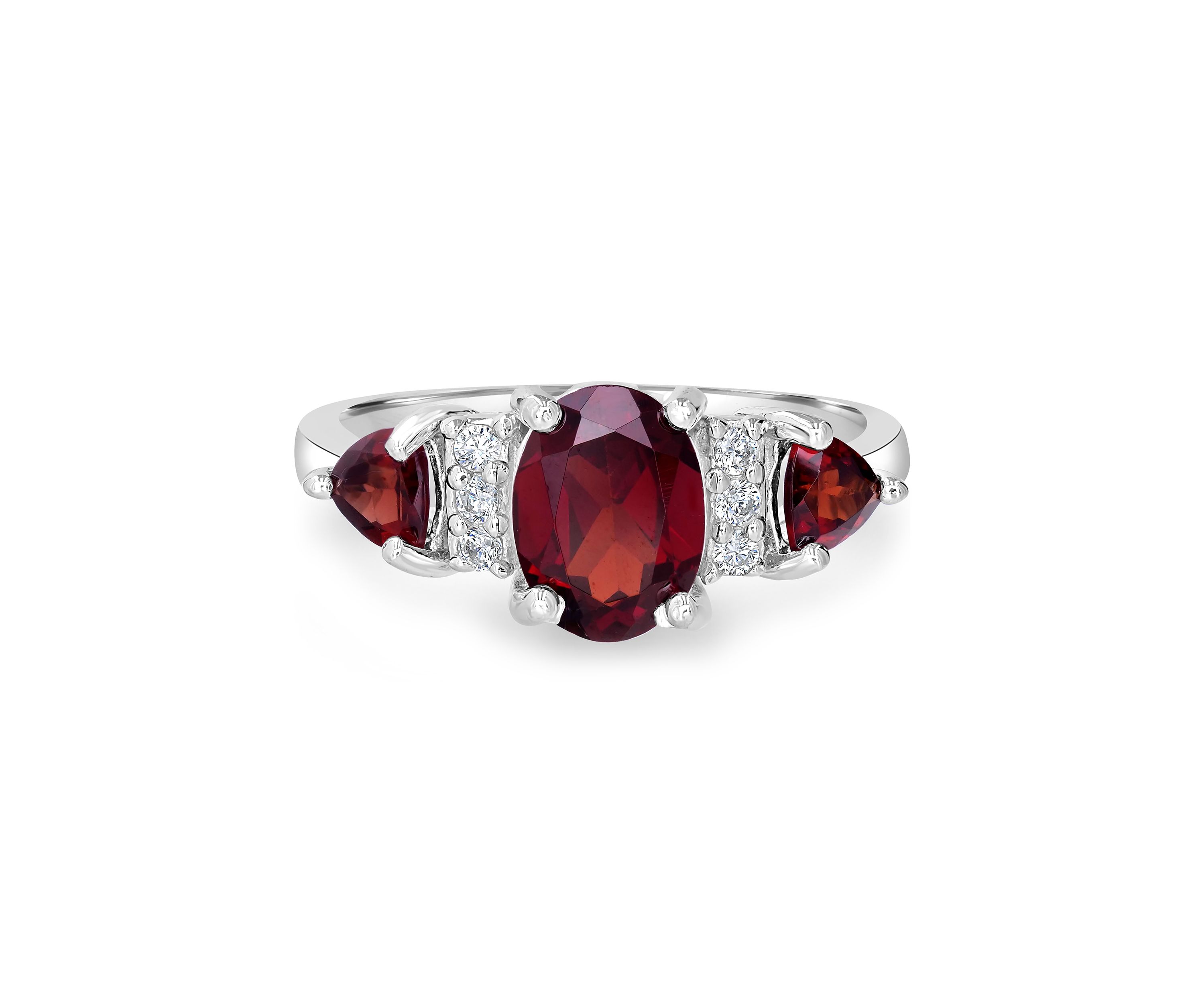 Sterling Silver Garnet and Cubic Zirconia 3 Oval Ring