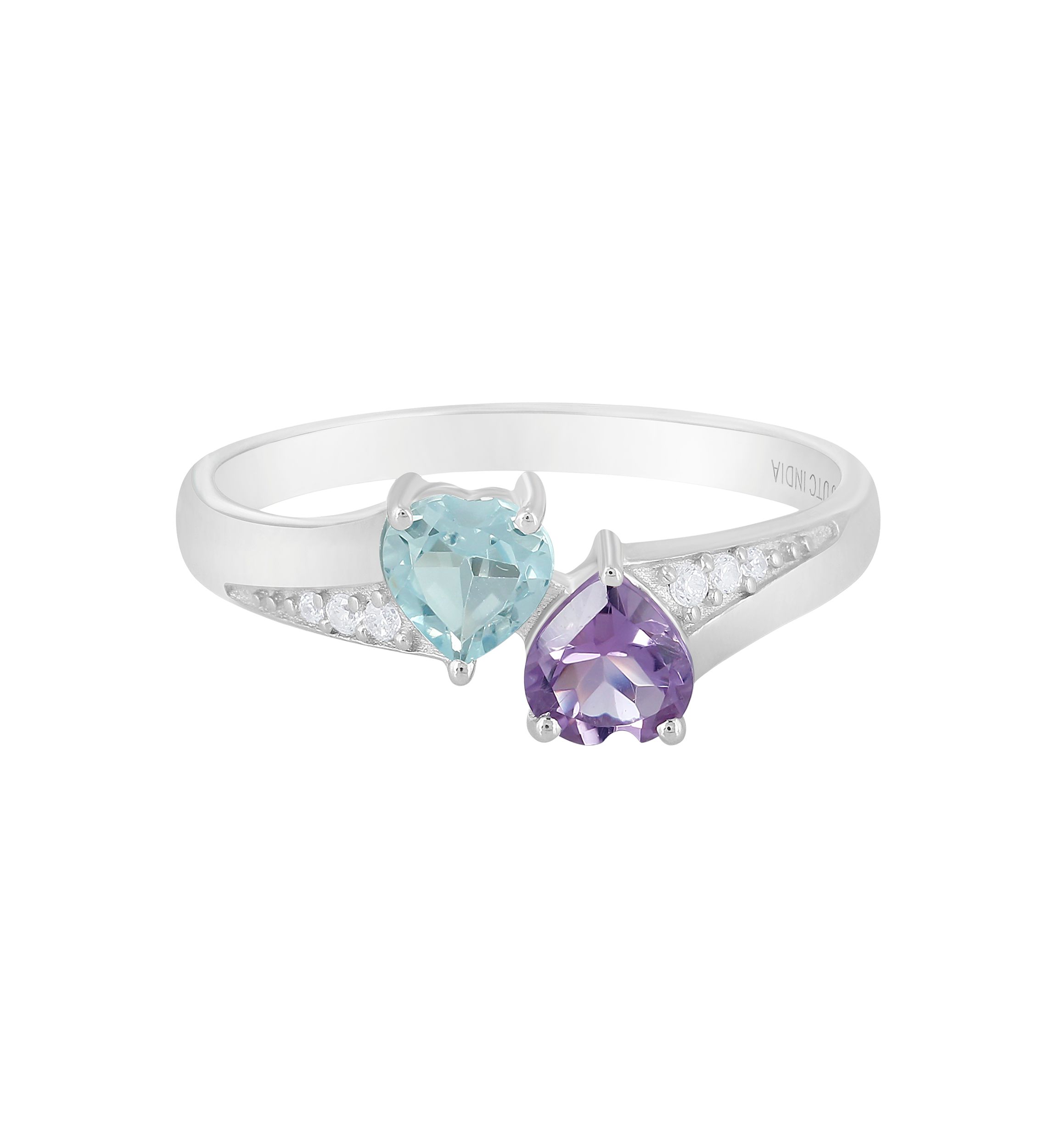 Sterling Silver Amethyst, Blue and White Topaz Bypass Heart Ring