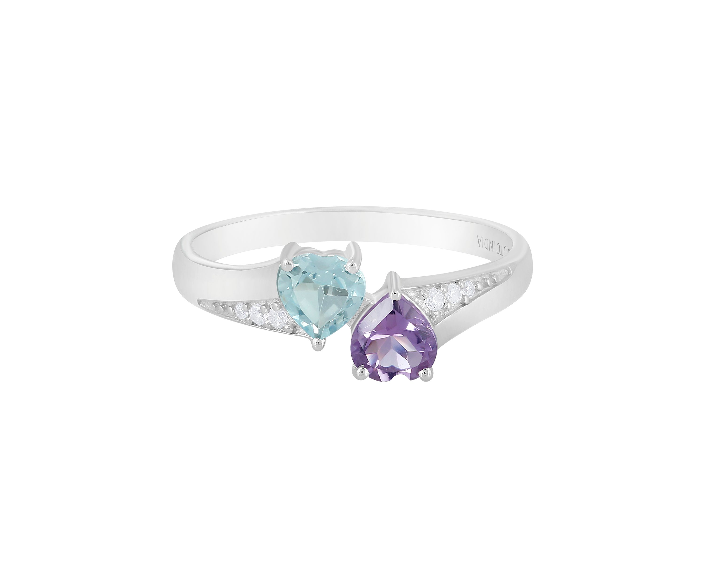 Sterling Silver Amethyst, Blue and White Topaz Bypass Heart Ring
