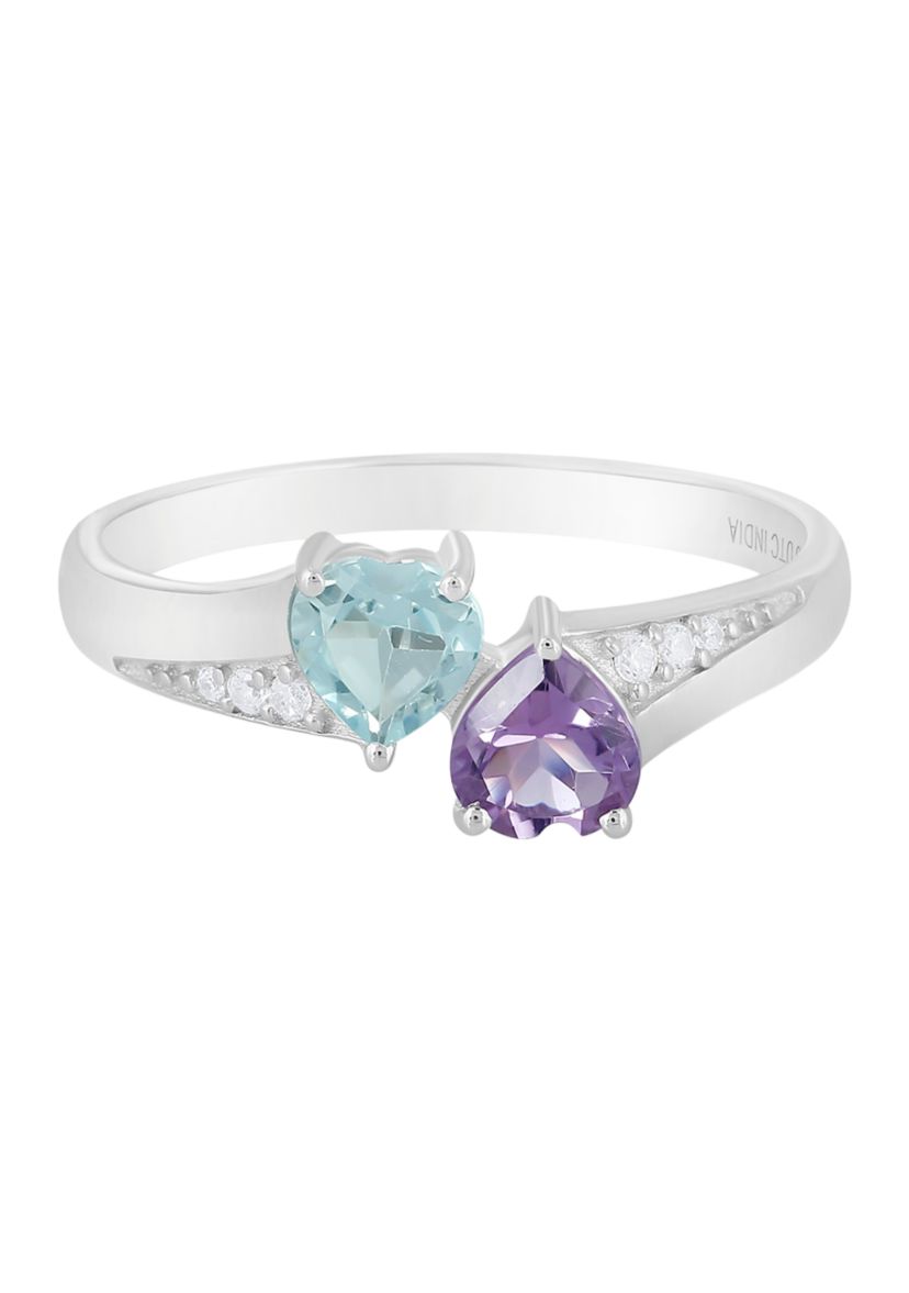 Sterling Silver Amethyst, Blue and White Topaz Bypass Heart Ring