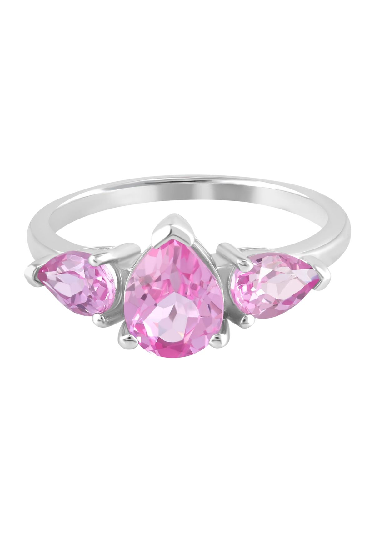 Sterling Silver Pear Cut Pink Sapphire 3 Stone Ring