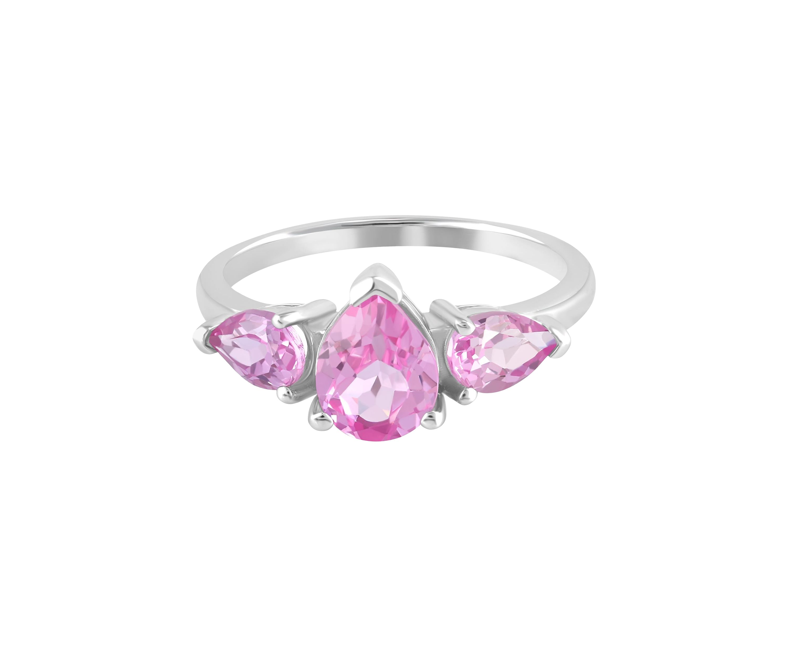 Sterling Silver Pear Cut Pink Sapphire 3 Stone Ring