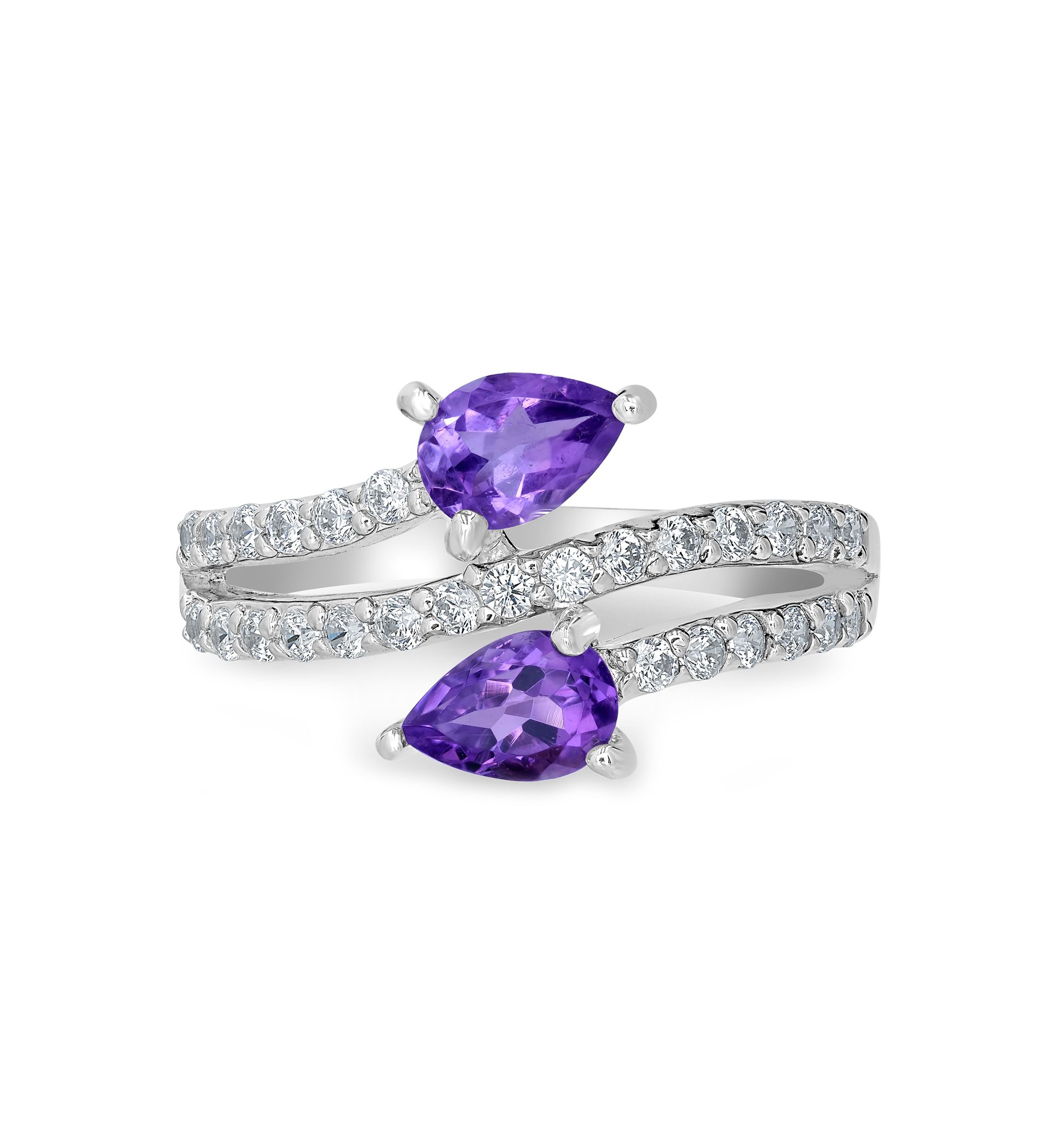 Sterling Silver Amethyst and Cubic Zirconia Pear Cut Bypass Ring