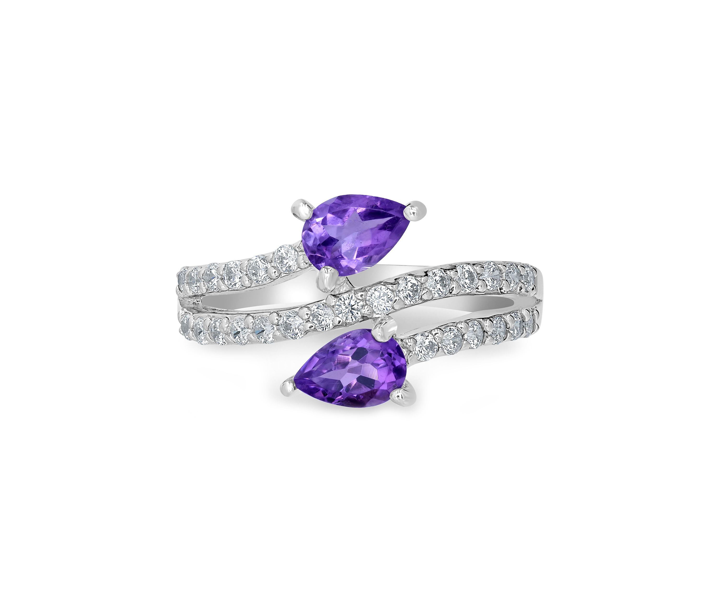 Sterling Silver Amethyst and Cubic Zirconia Pear Cut Bypass Ring
