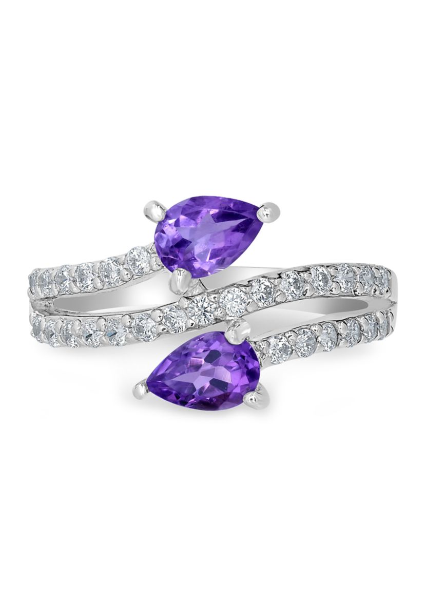 Sterling Silver Amethyst and Cubic Zirconia Pear Cut Bypass Ring