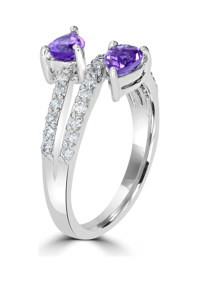 Sterling Silver Amethyst and Cubic Zirconia Pear Cut Bypass Ring