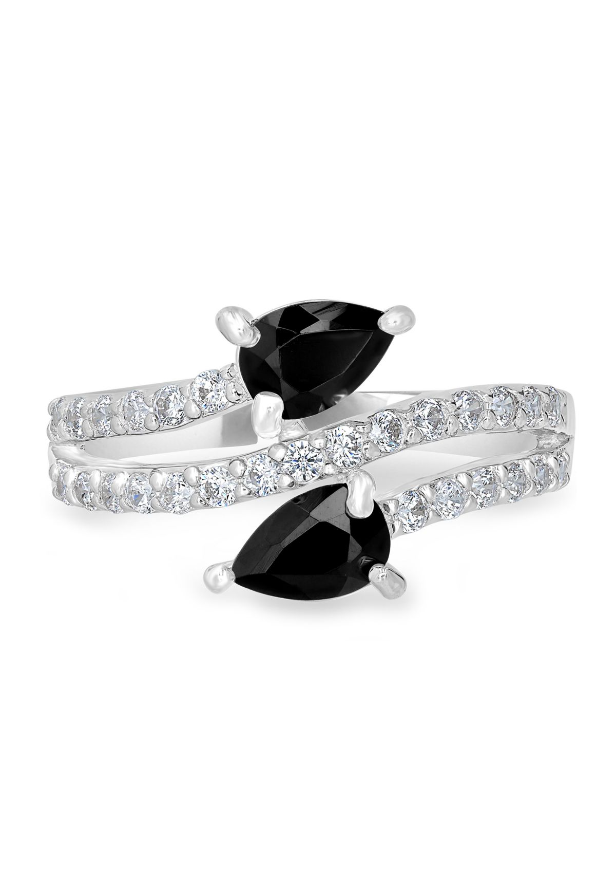 Sterling Silver Black Onyx and Cubic Zirconia Pear Cut Bypass Ring