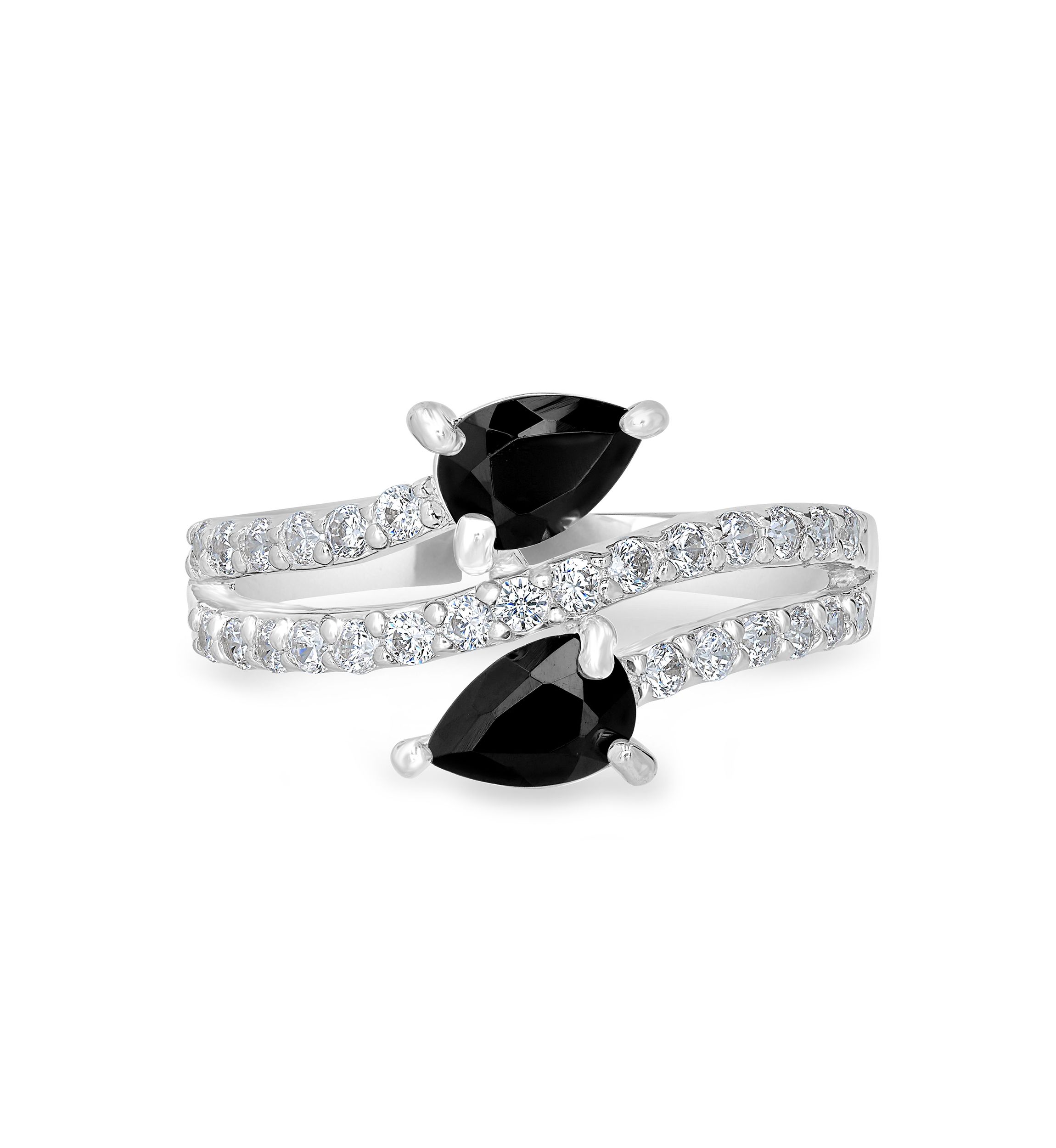 Sterling Silver Black Onyx and Cubic Zirconia Pear Cut Bypass Ring