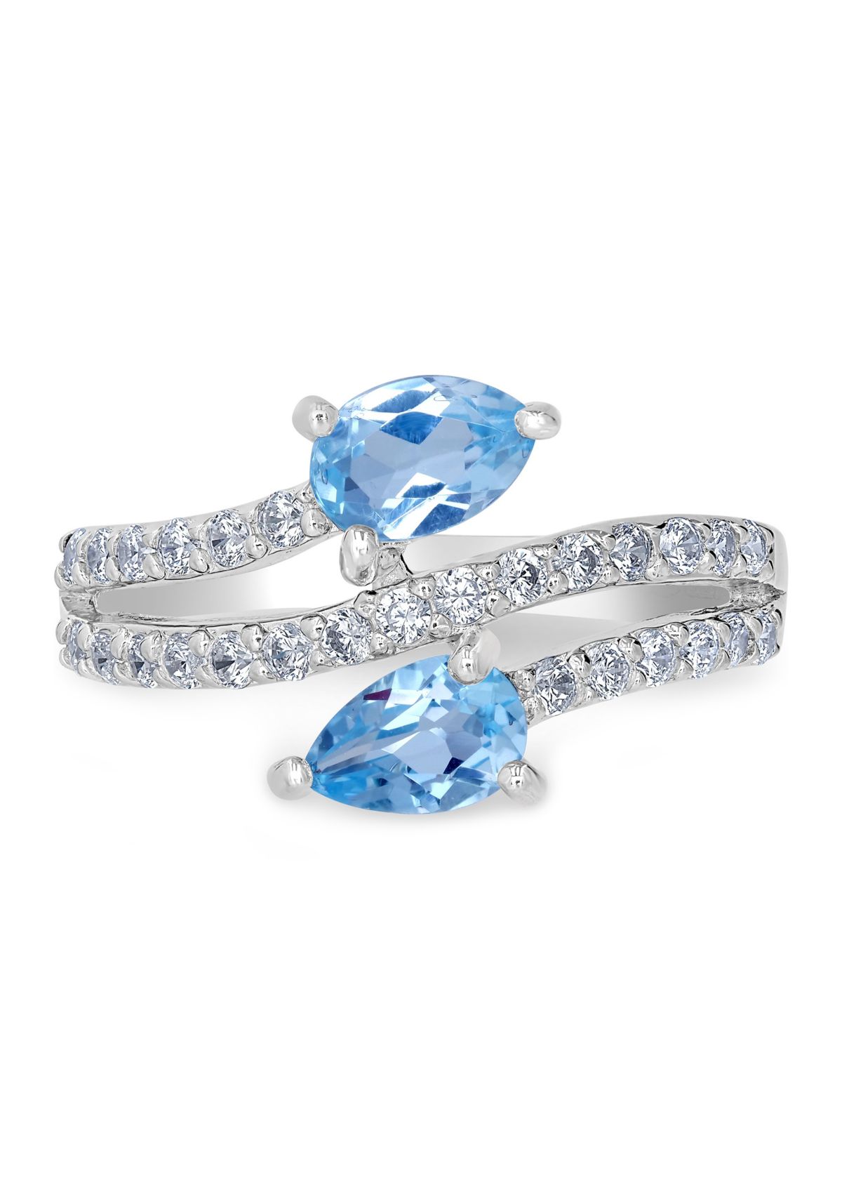Sterling Silver Blue Topaz and Cubic Zirconia Pear Cut Bypass Ring