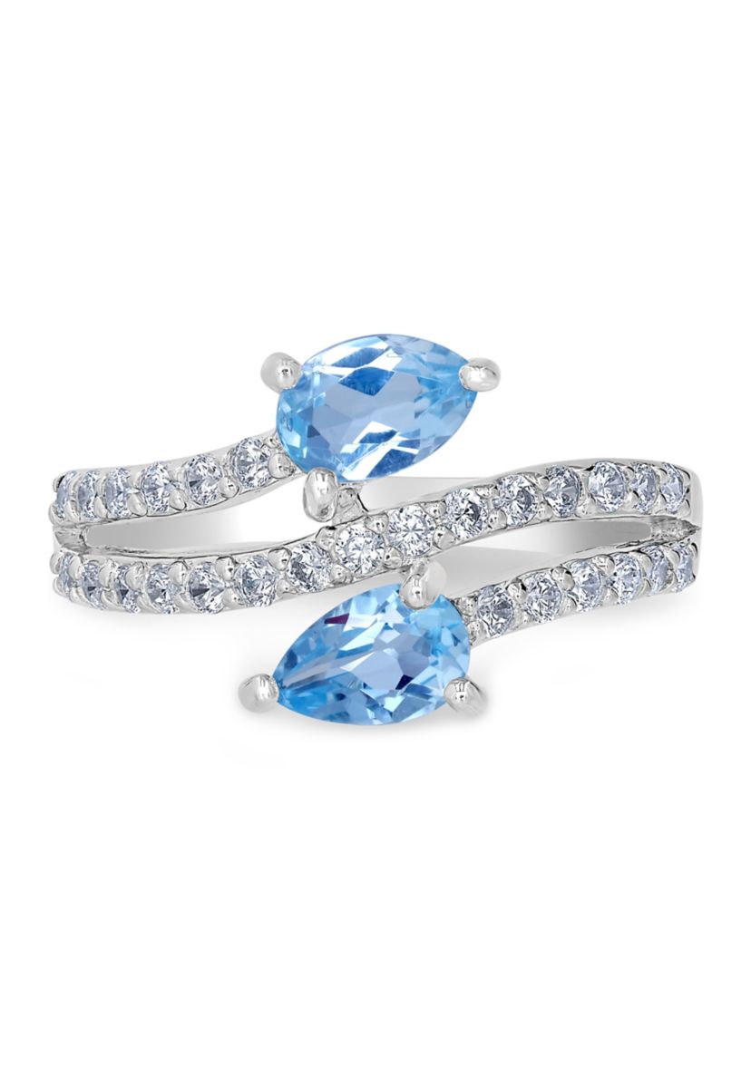 Sterling Silver Blue Topaz and Cubic Zirconia Pear Cut Bypass Ring