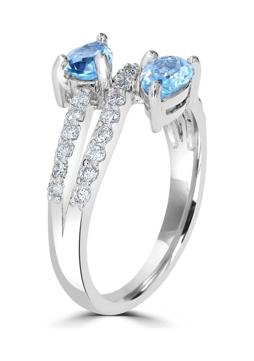 Sterling Silver Blue Topaz and Cubic Zirconia Pear Cut Bypass Ring