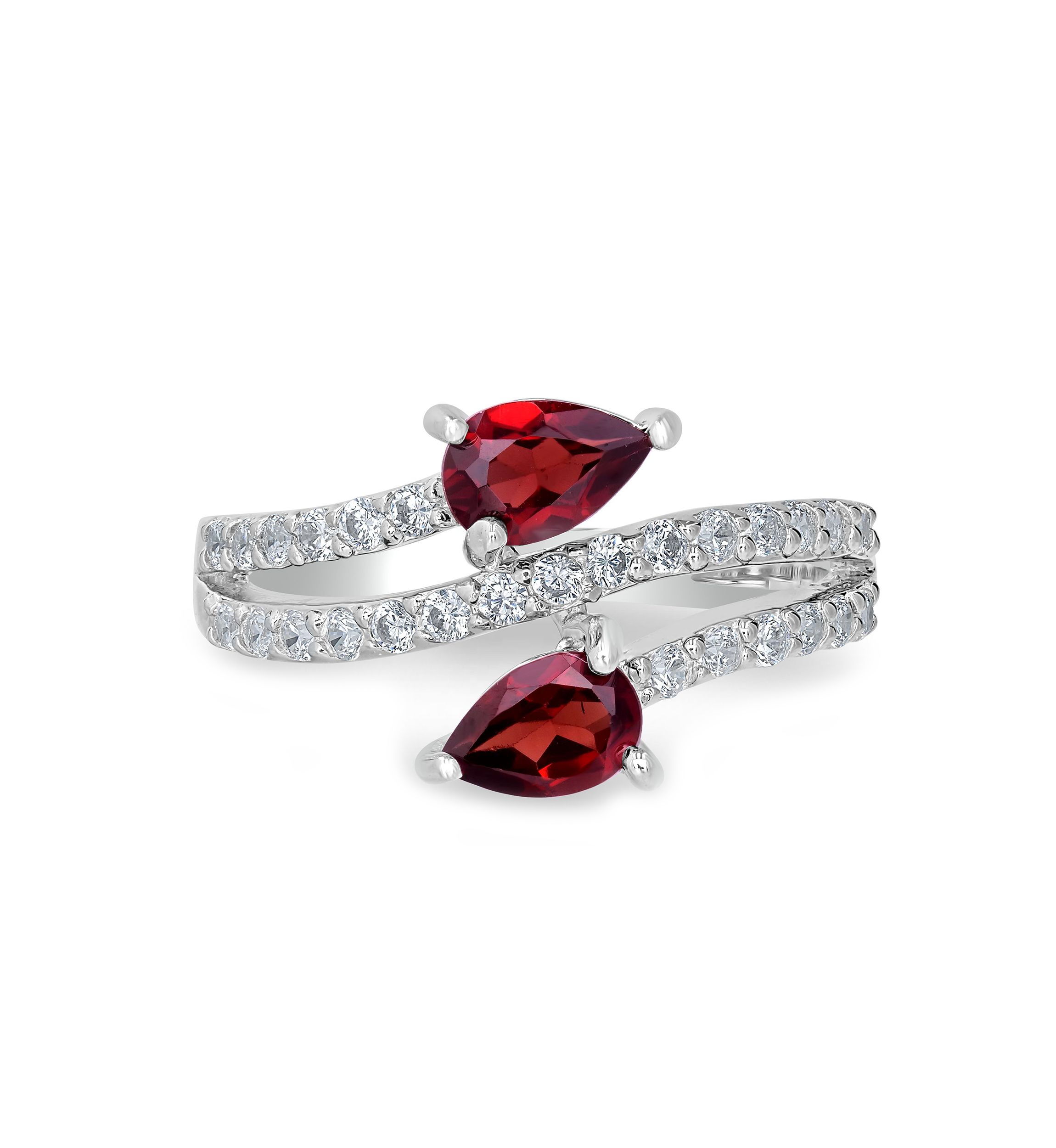 Sterling Silver Garnet and Cubic Zirconia Pear Cut Bypass Ring