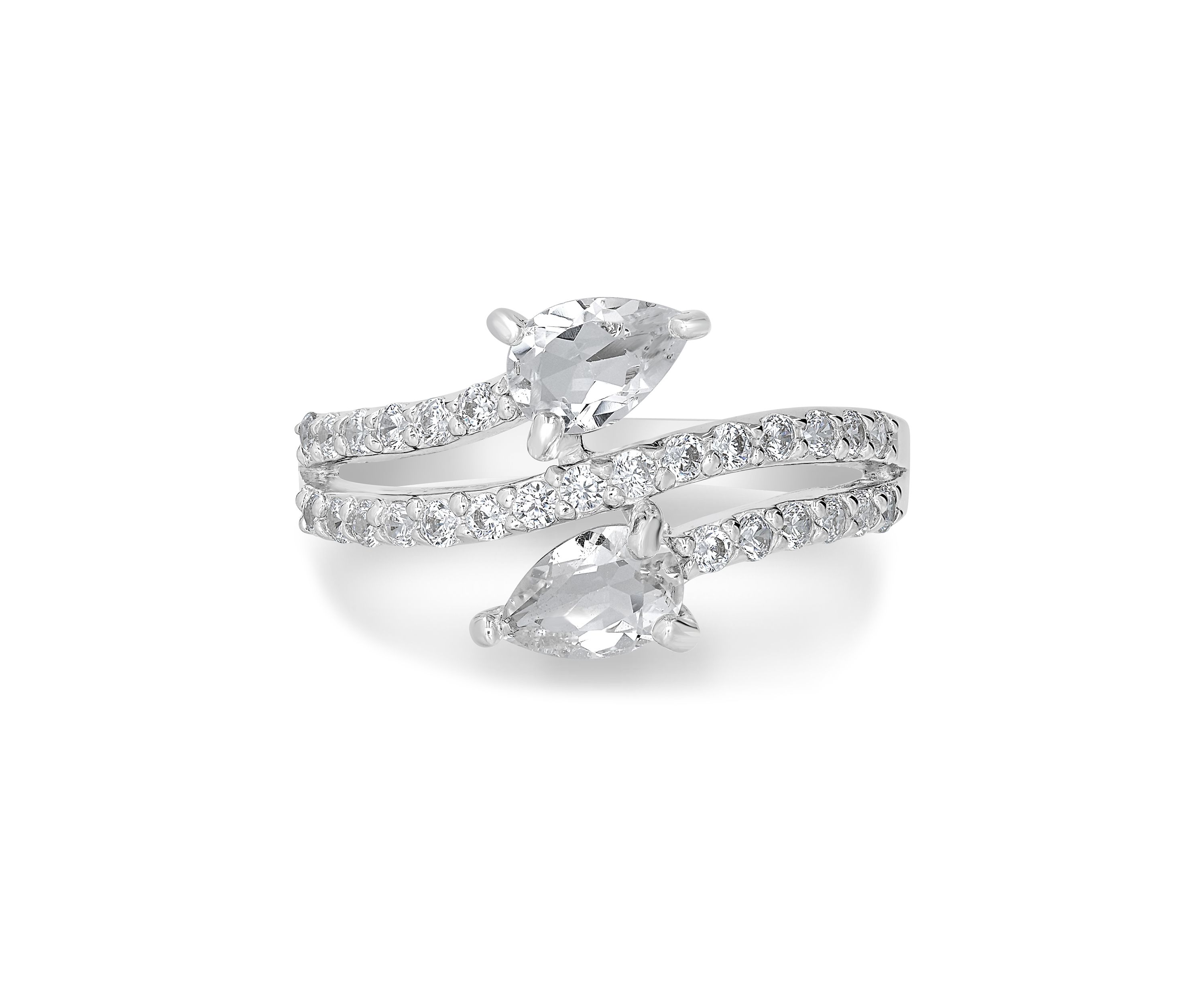 Sterling Silver White Topaz Pavé Bypass Ring