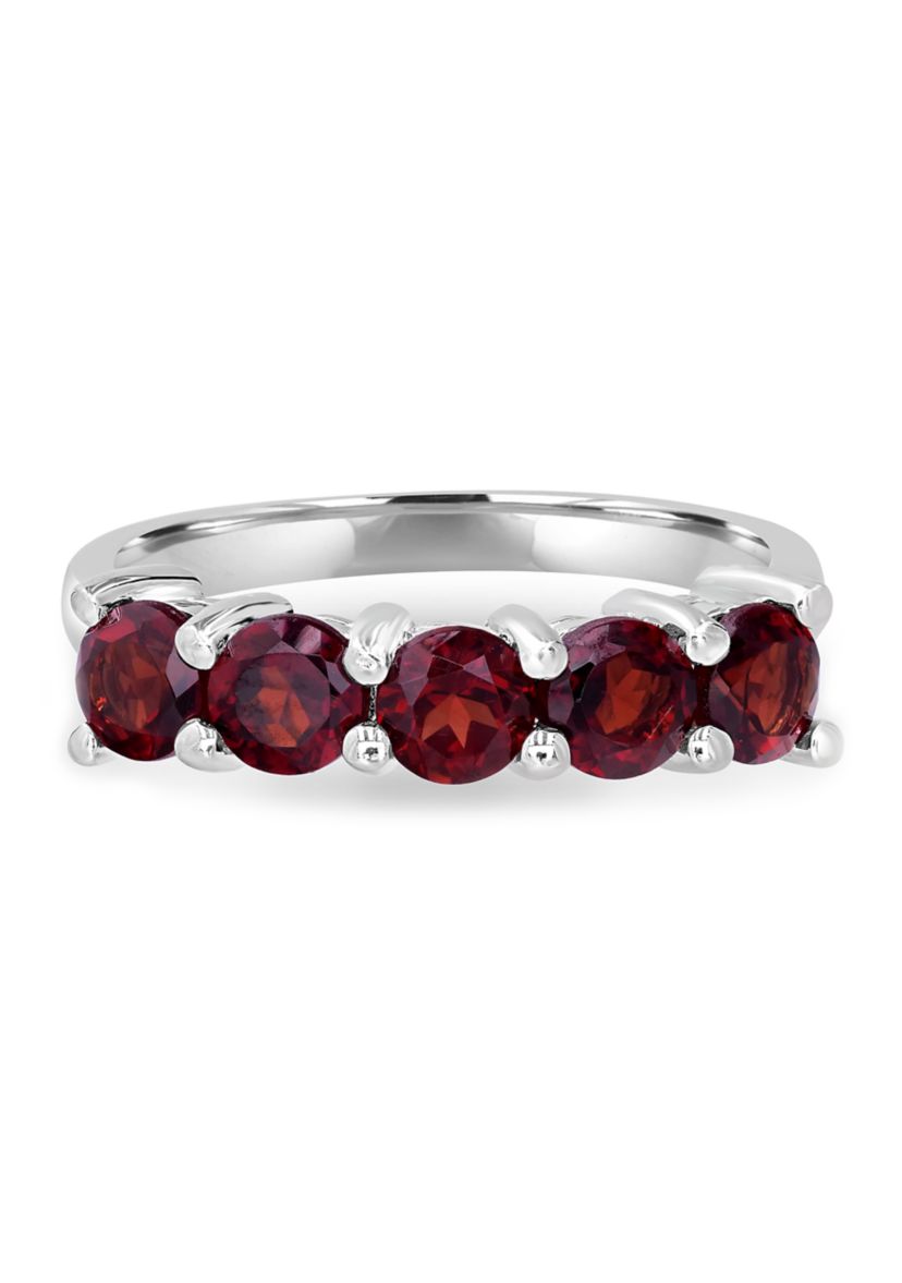 Sterling Silver 5 Round Cut Garnet Band Ring