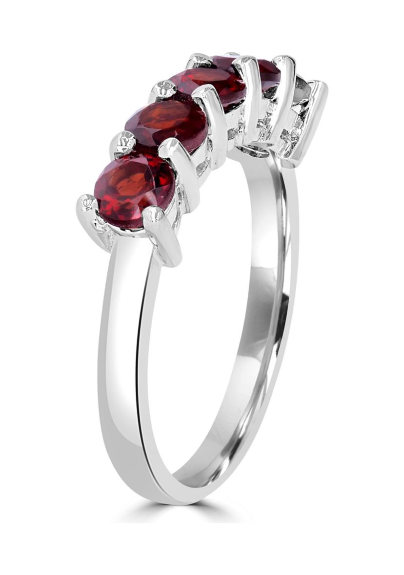 Sterling Silver 5 Round Cut Garnet Band Ring