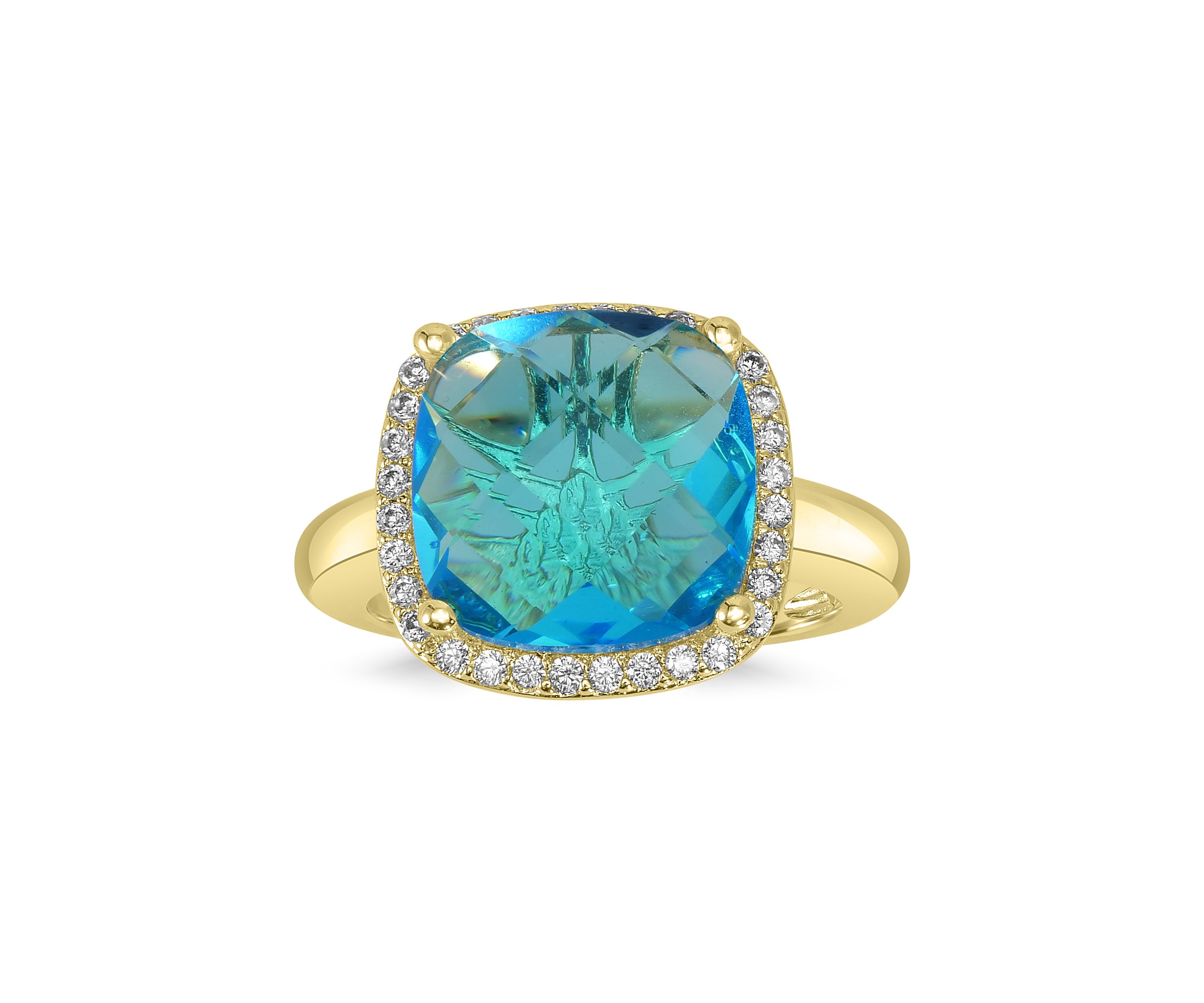 Gold Plated Cushion Cut Blue Cubic Zirconia Halo Ring