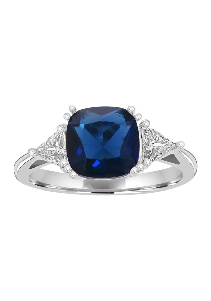 Sterling Silver Square Cut Blue Sapphire Cubic Zirconia and Trillion White Cubic Zirconia Ring