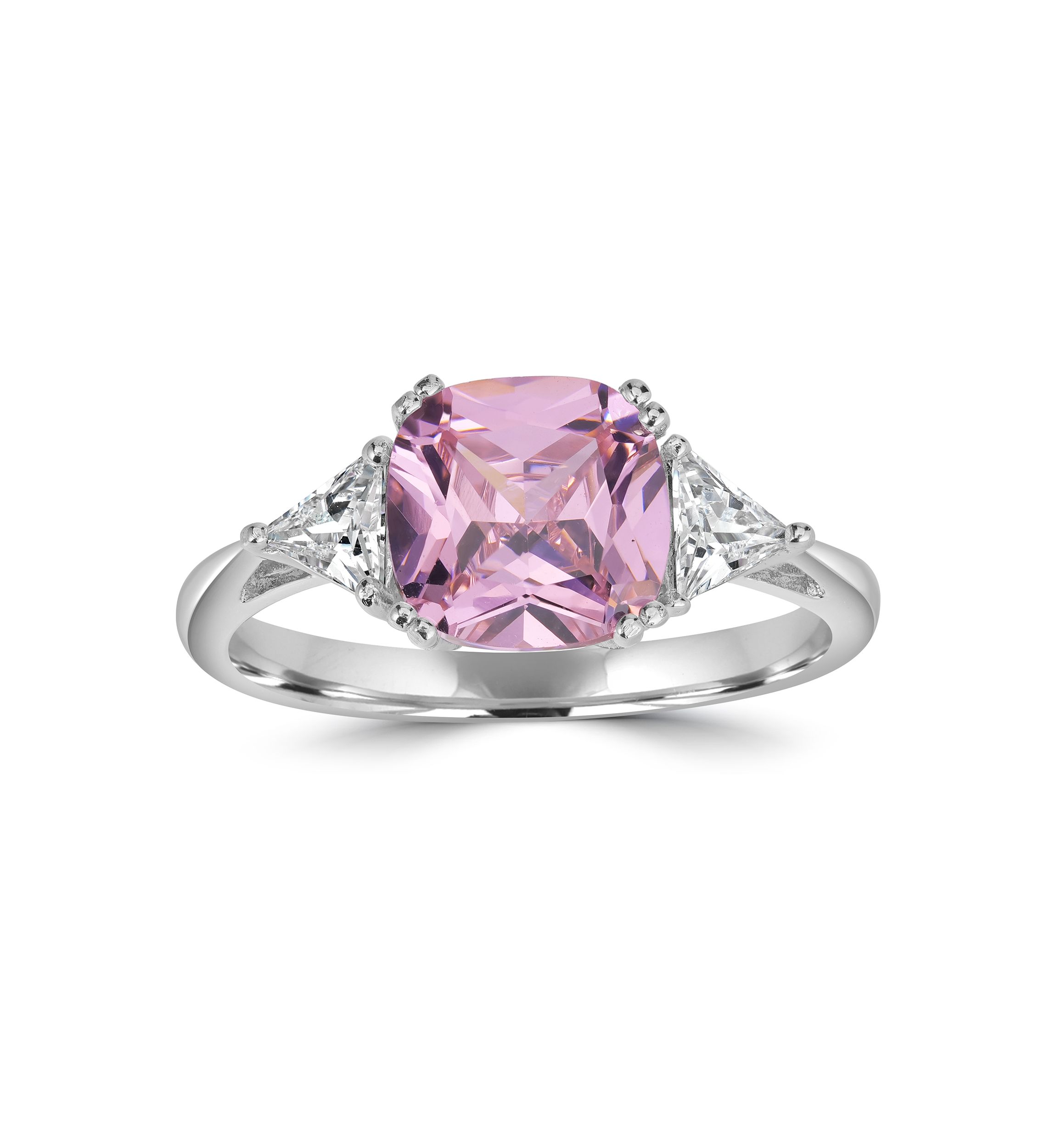 Sterling Silver Square-Cut Pink Cubic Zirconia and Trillion White Cubic Zirconia Ring