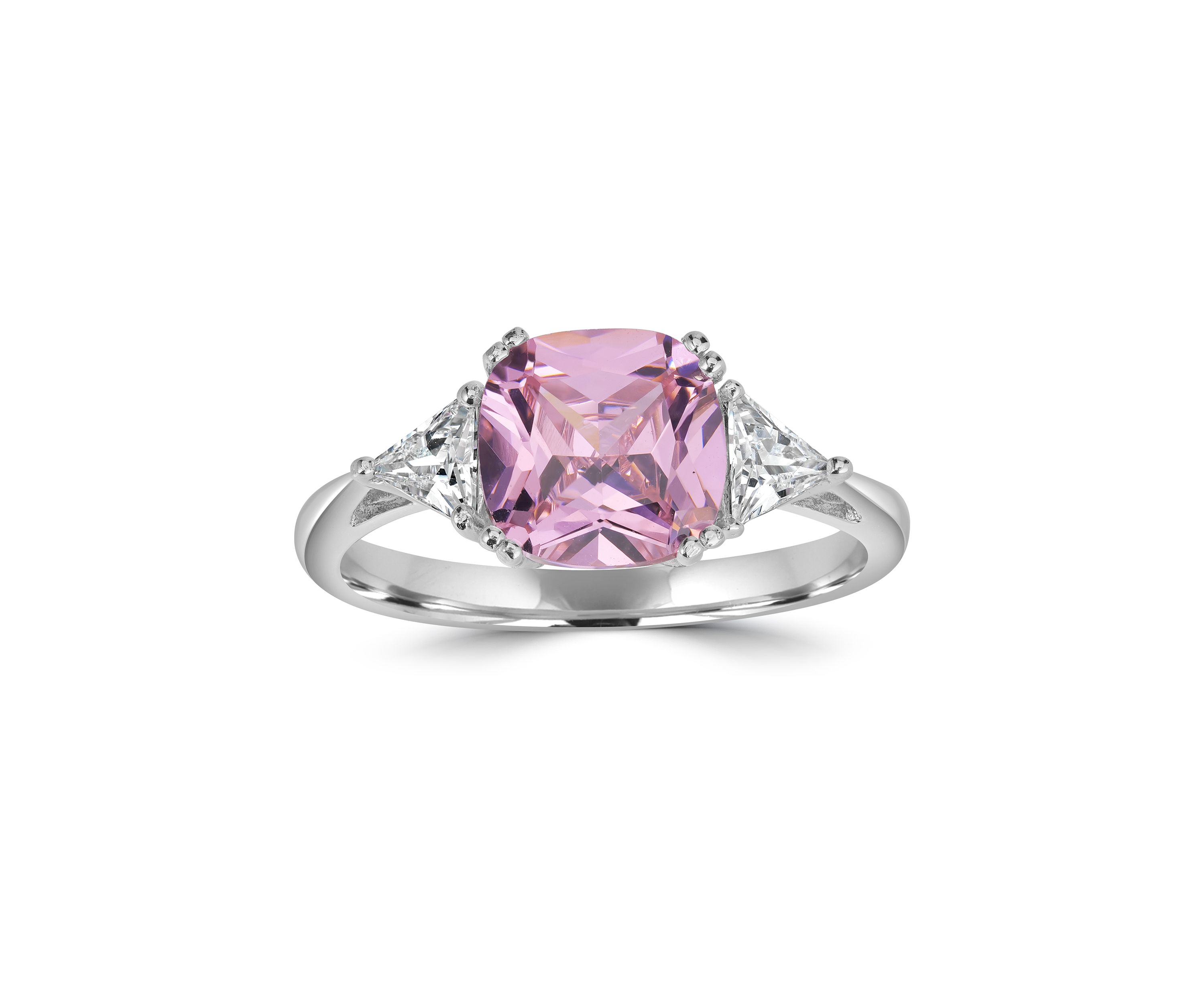 Sterling Silver Square-Cut Pink Cubic Zirconia and Trillion White Cubic Zirconia Ring